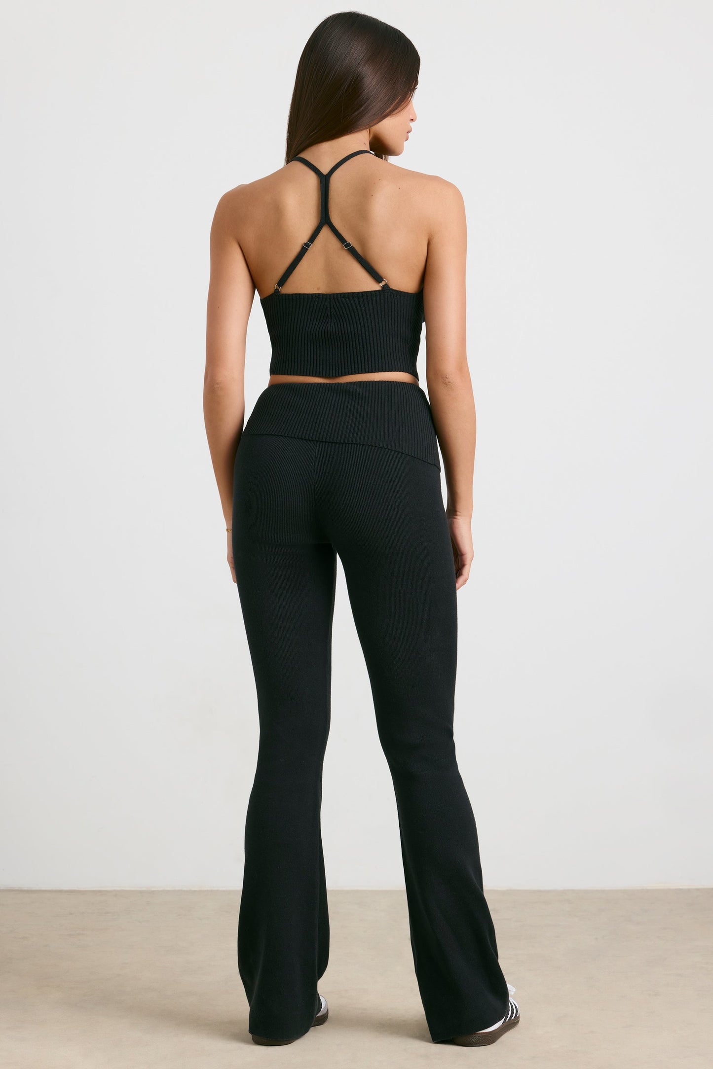 Chunky Knit Foldover Kick Flare Trousers in Black