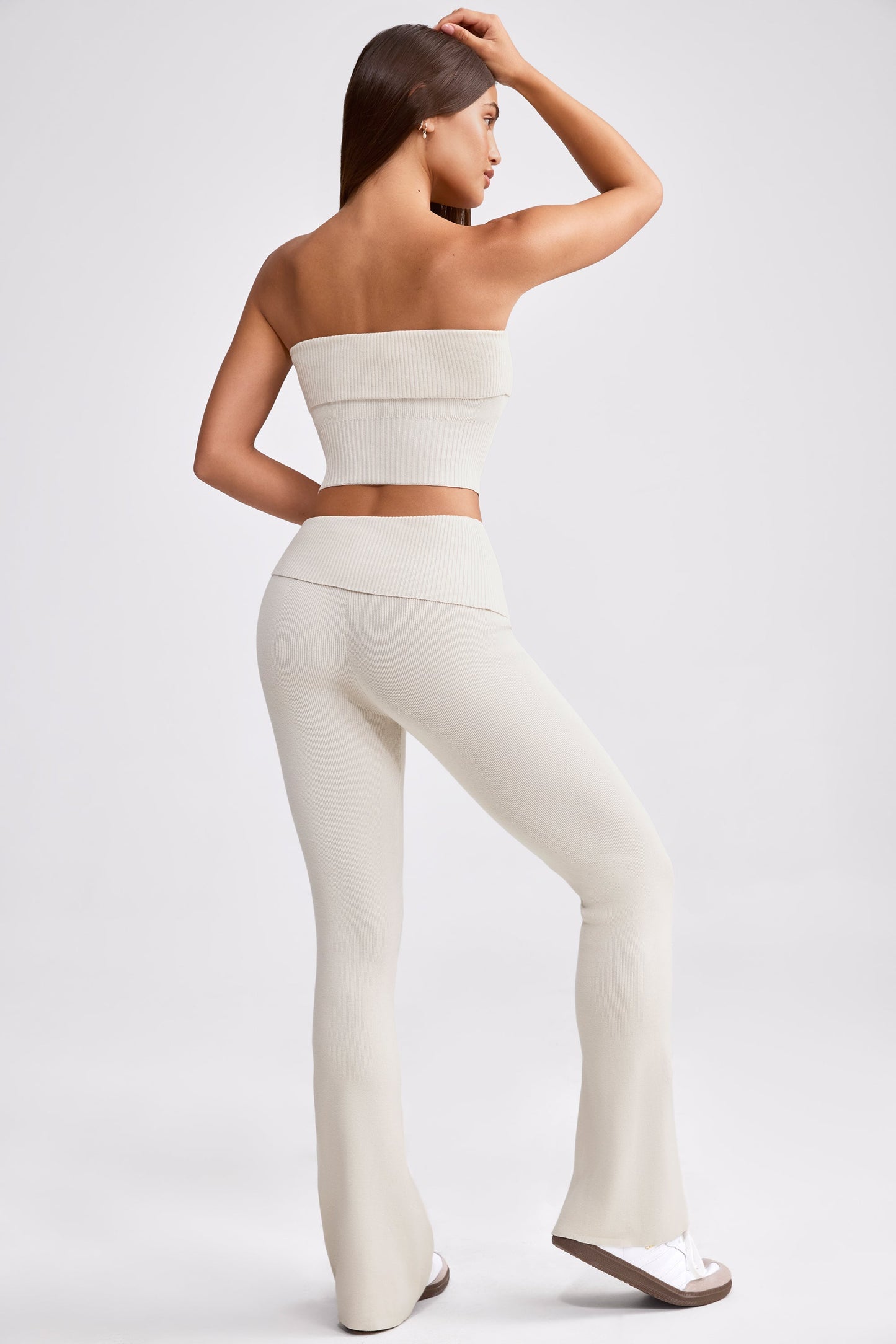 Chunky Knit Foldover Kick Flare Trousers in Cream