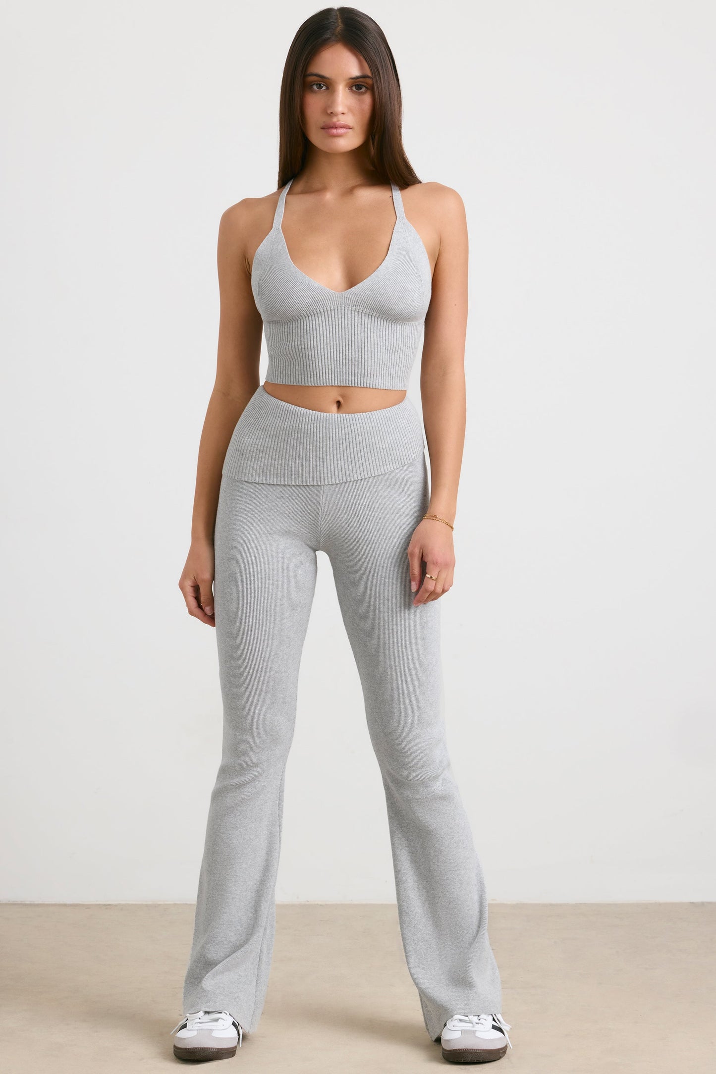Chunky Knit Foldover Kick Flare Trousers in Grey Marl