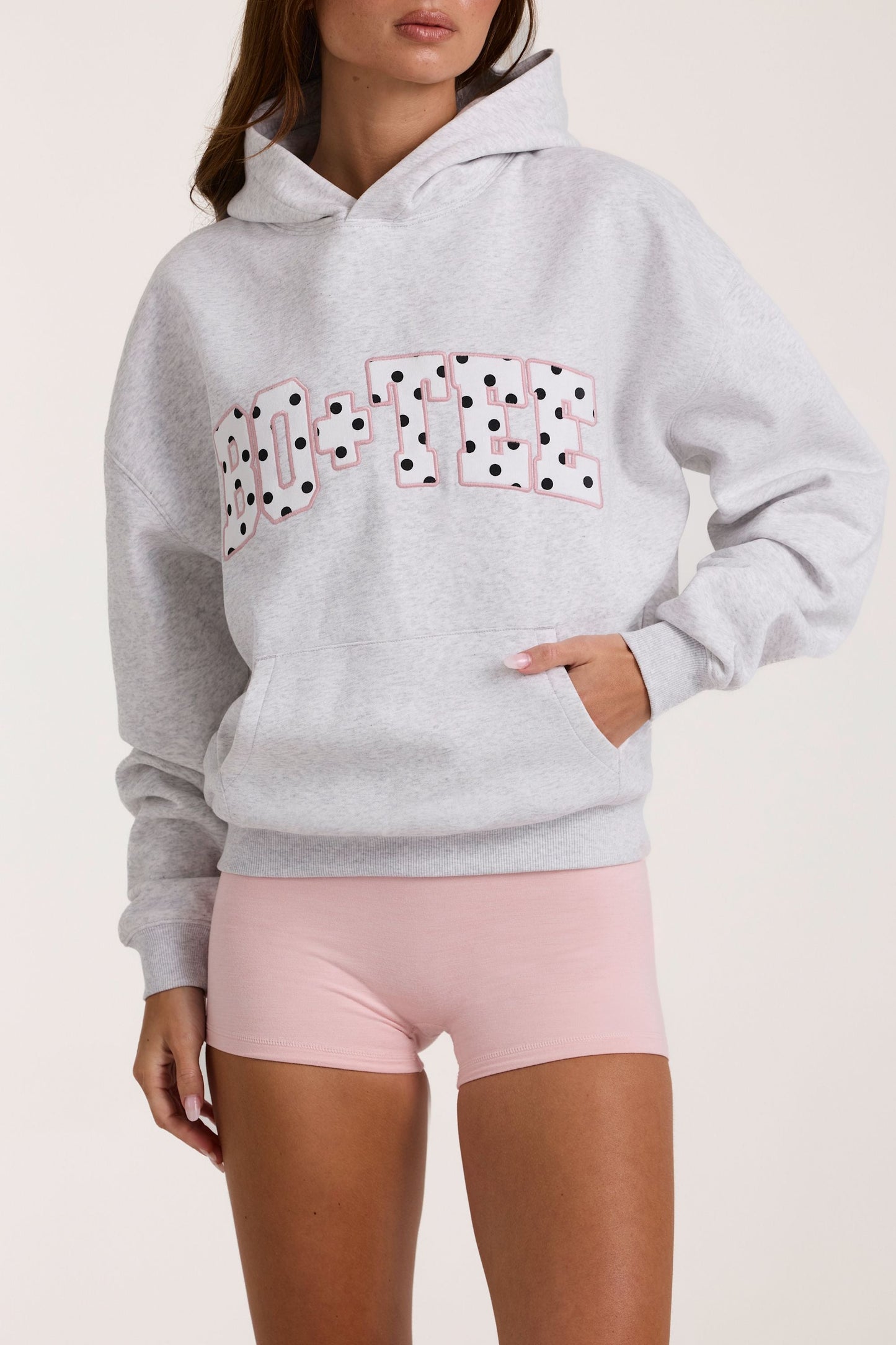 Oversized Applique Hoodie in Grey Marl