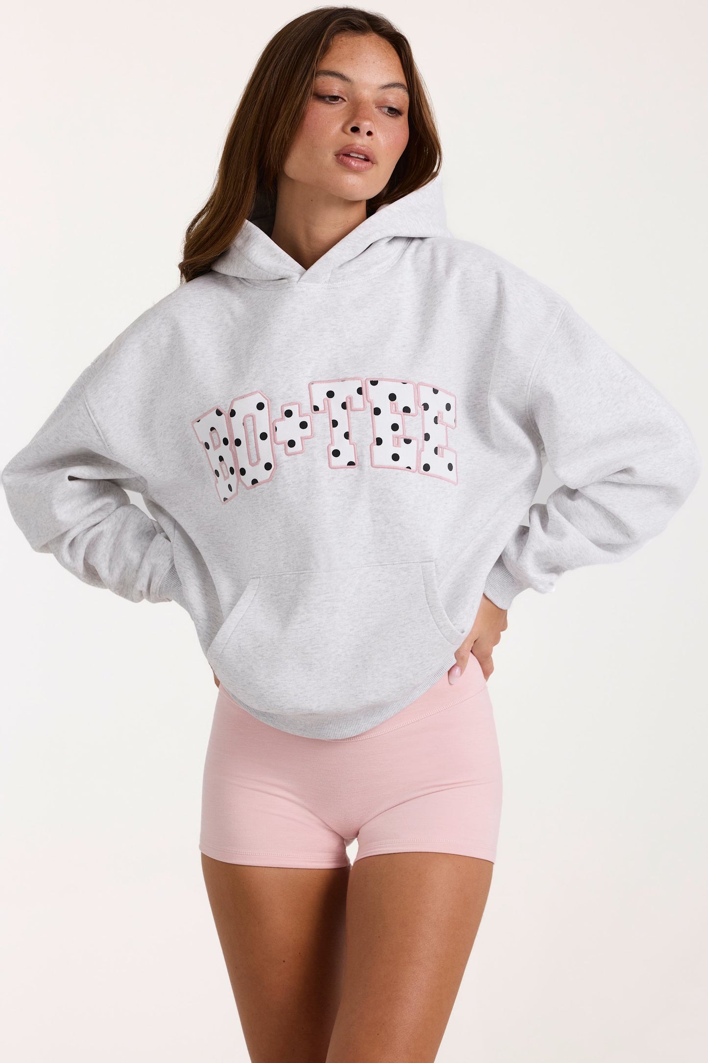 Oversized Applique Hoodie in Grey Marl