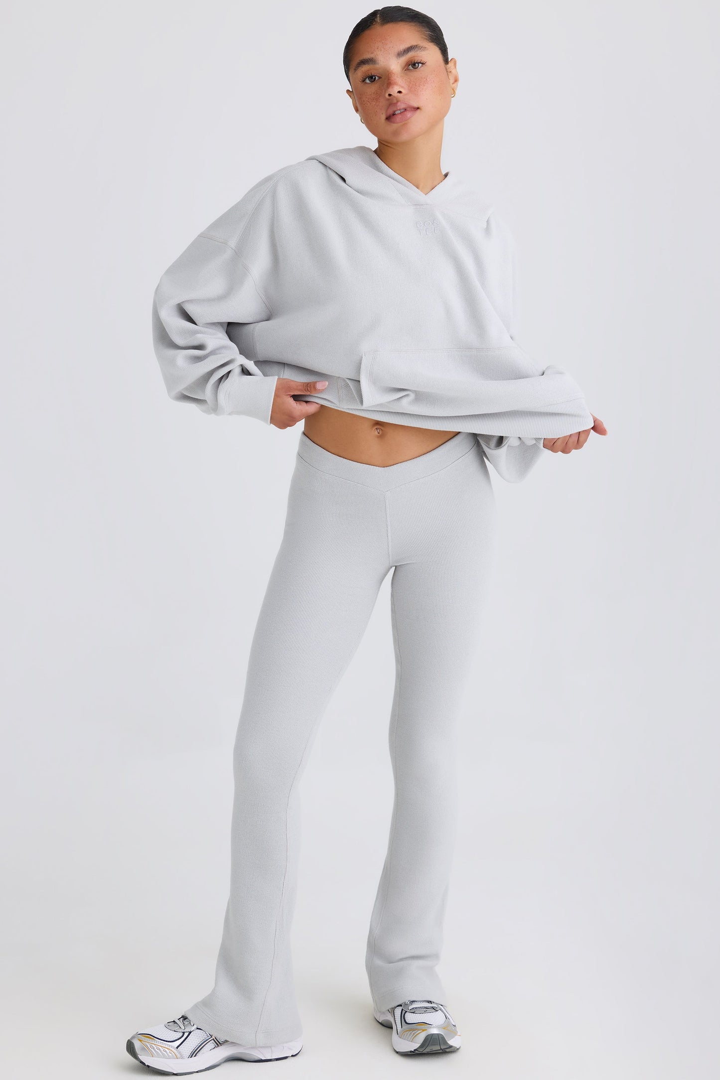 Textured Cotton Jersey Flared Trousers in Pacific Grey