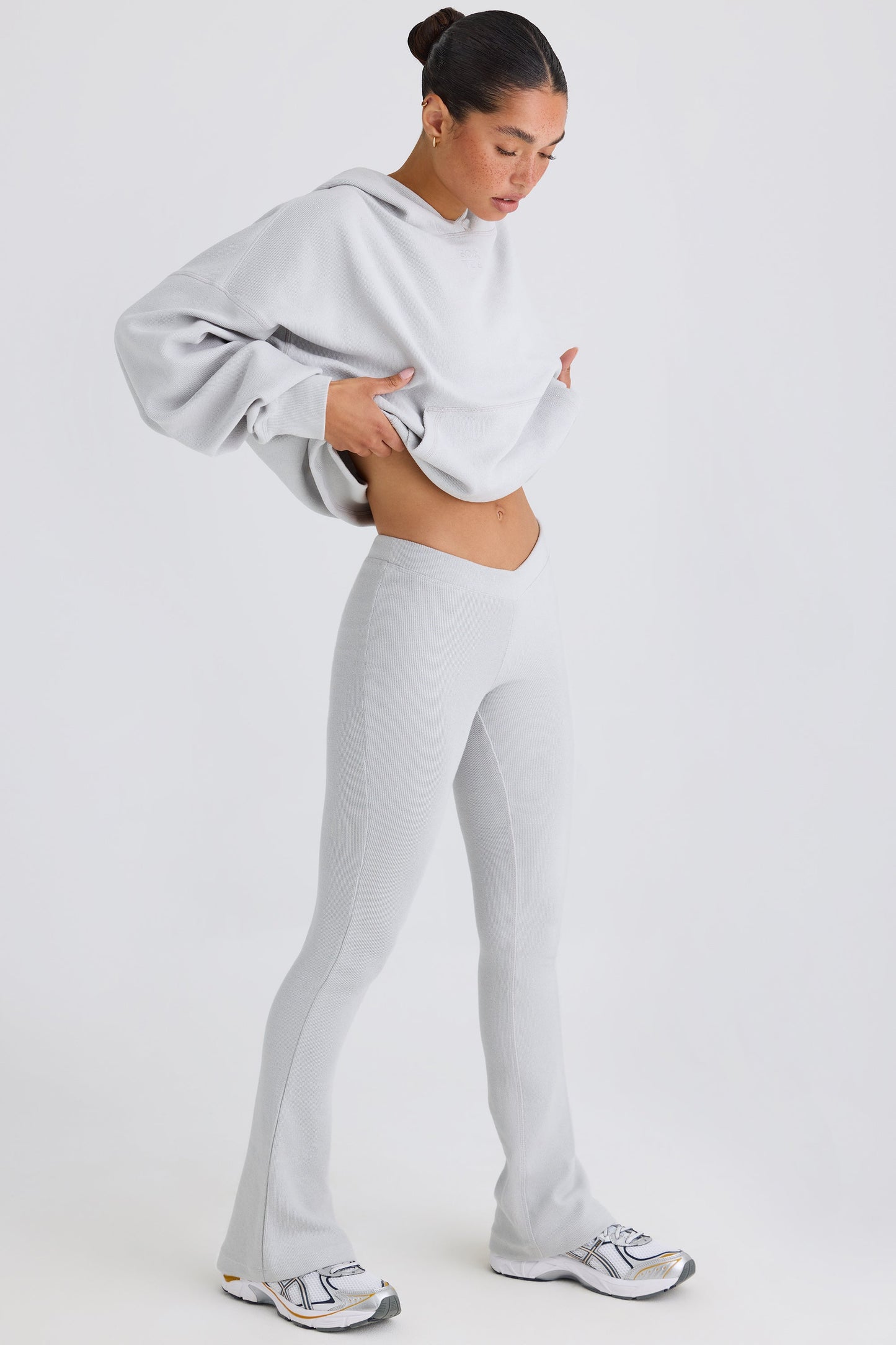 Textured Cotton Jersey Flared Trousers in Pacific Grey