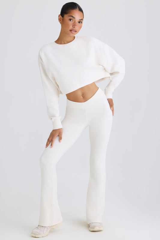 Textured Cotton Jersey Flared Trousers in White