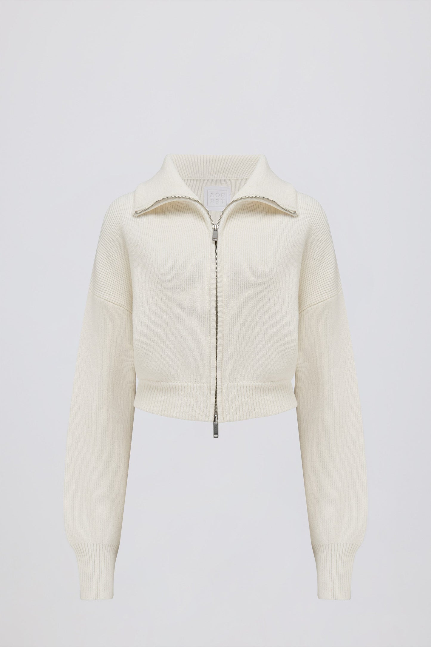 Ribbed Knit Zip-Up Cropped Sweatshirt in Ivory