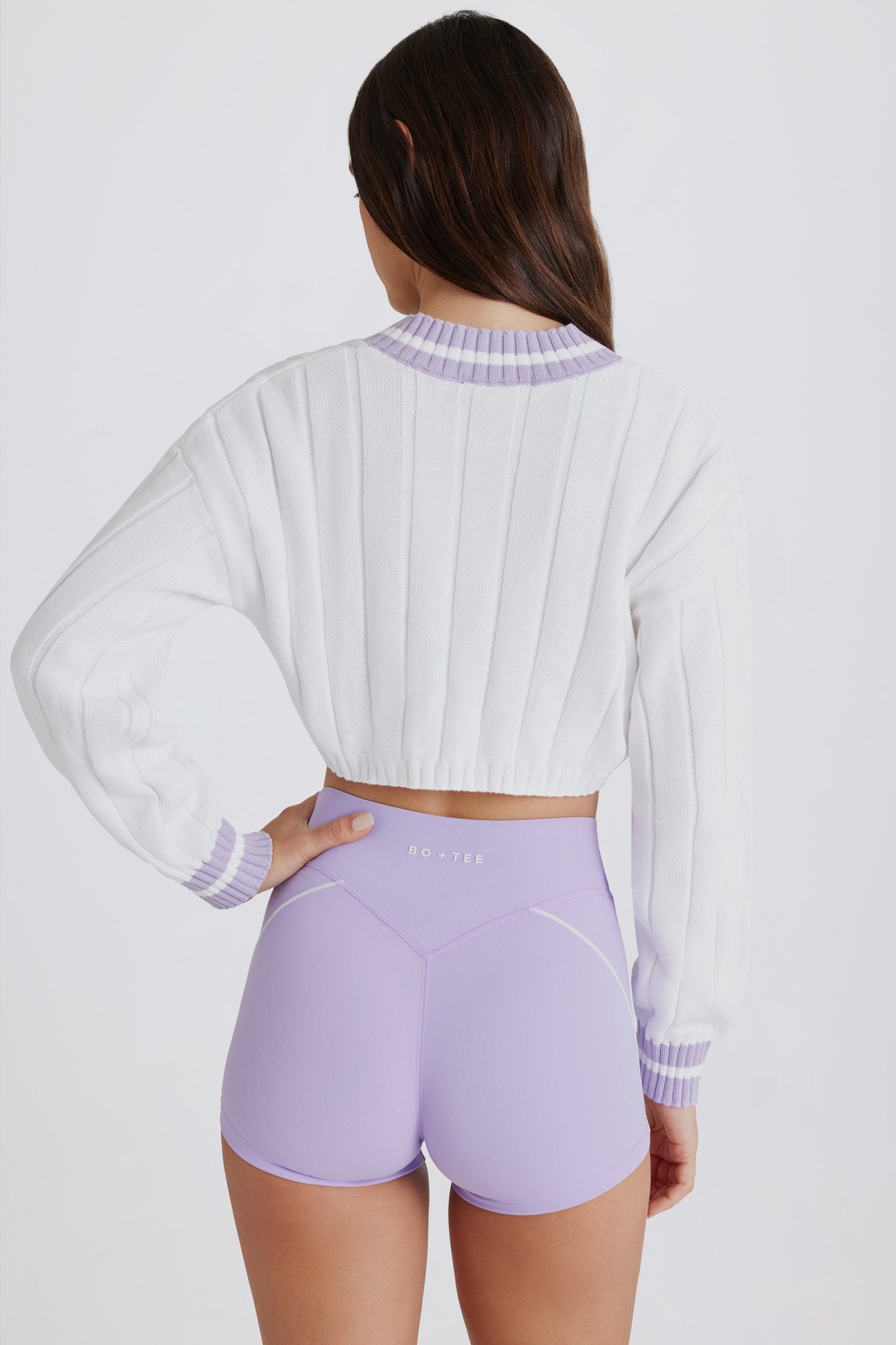 Cable Knit Cotton Cropped Jumper in Lilac Ivory
