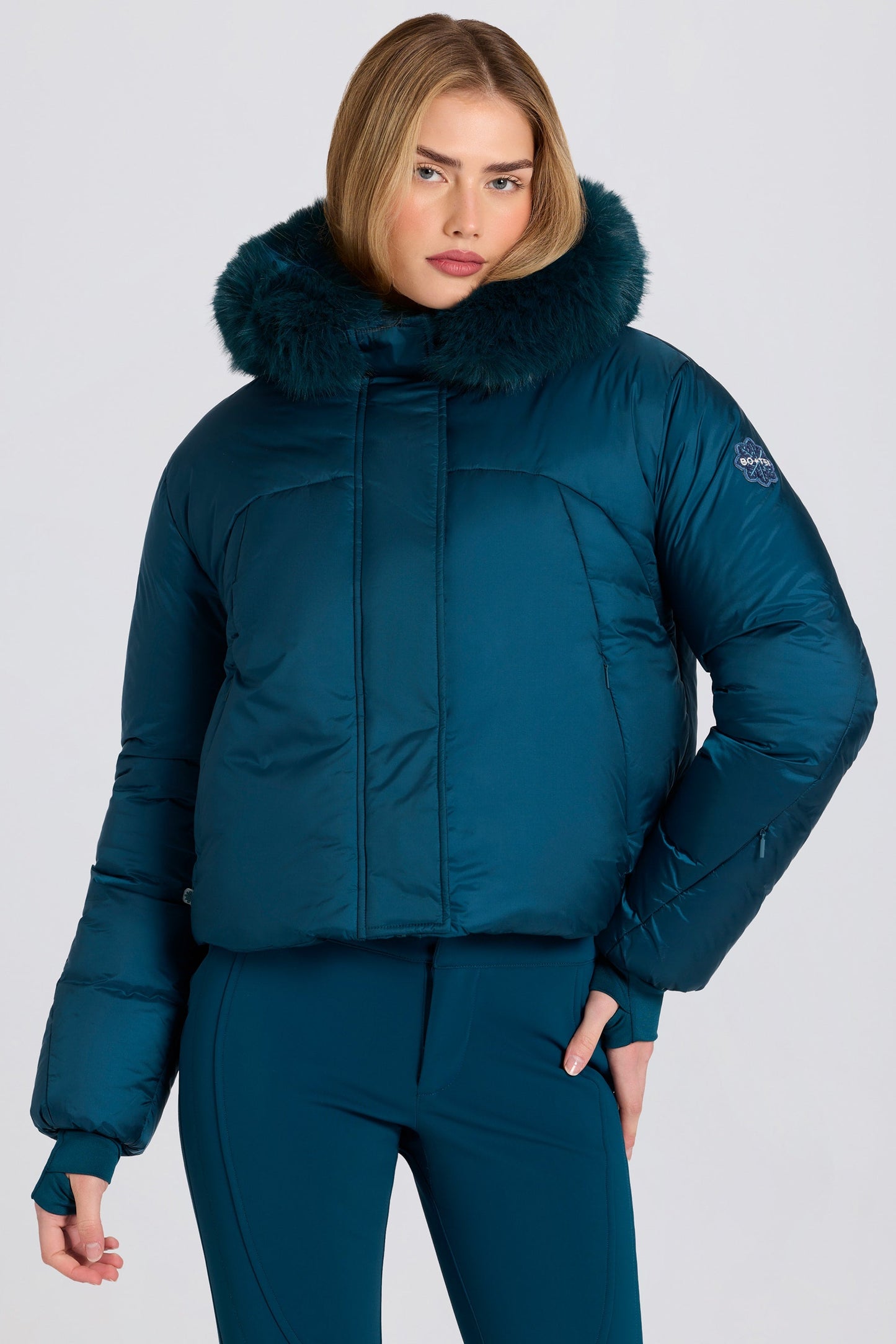 Waterproof Faux-Fur Hood Cropped Ski Jacket in Teal