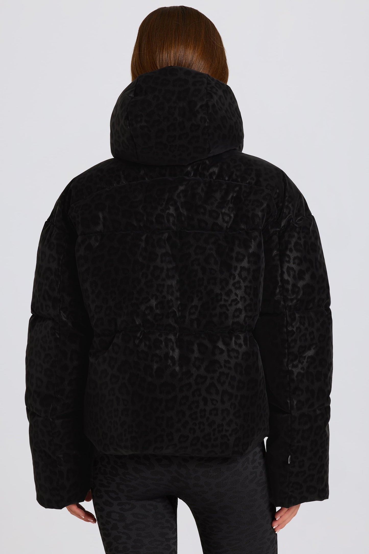 Waterproof Cropped Oversized Ski Jacket in Black Leopard