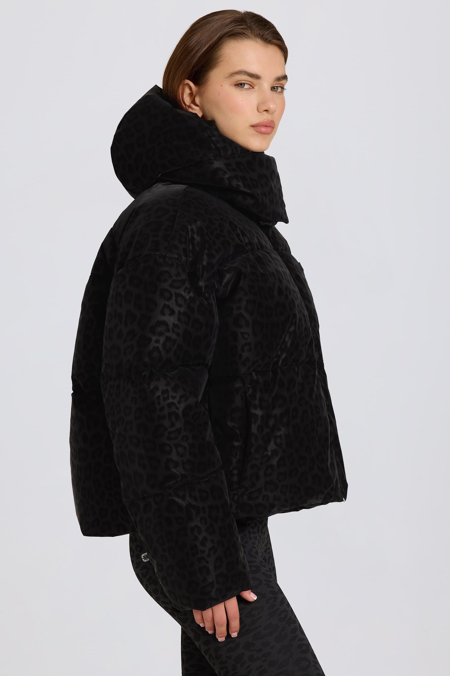 Waterproof Cropped Oversized Ski Jacket in Black Leopard