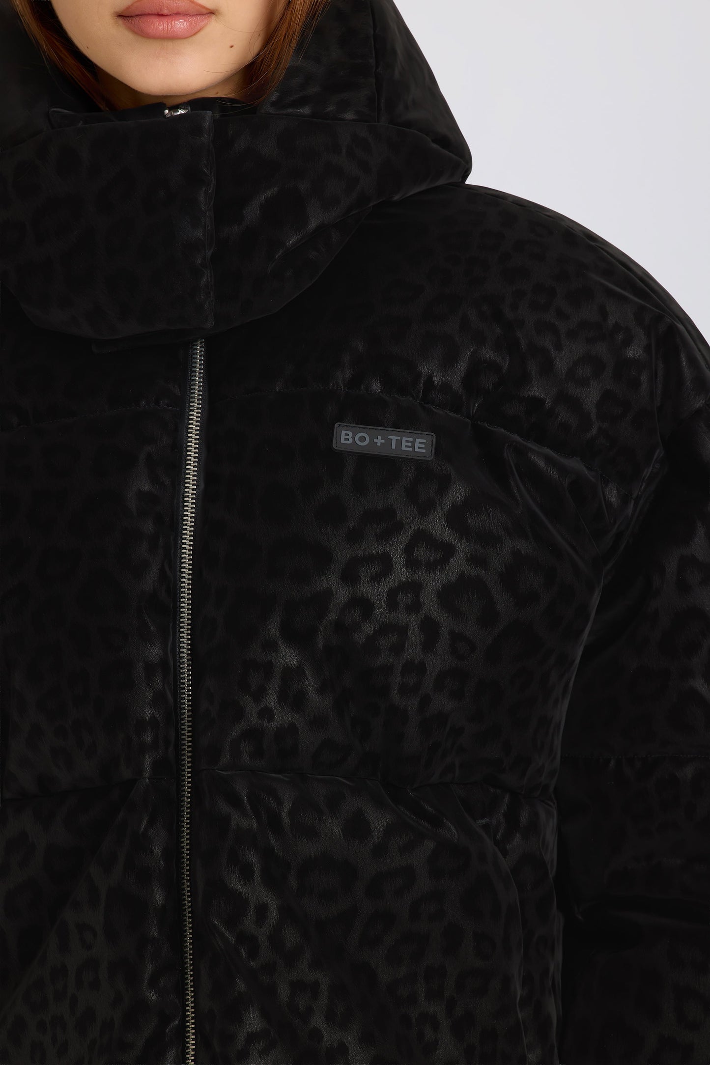 Waterproof Cropped Oversized Ski Jacket in Black Leopard