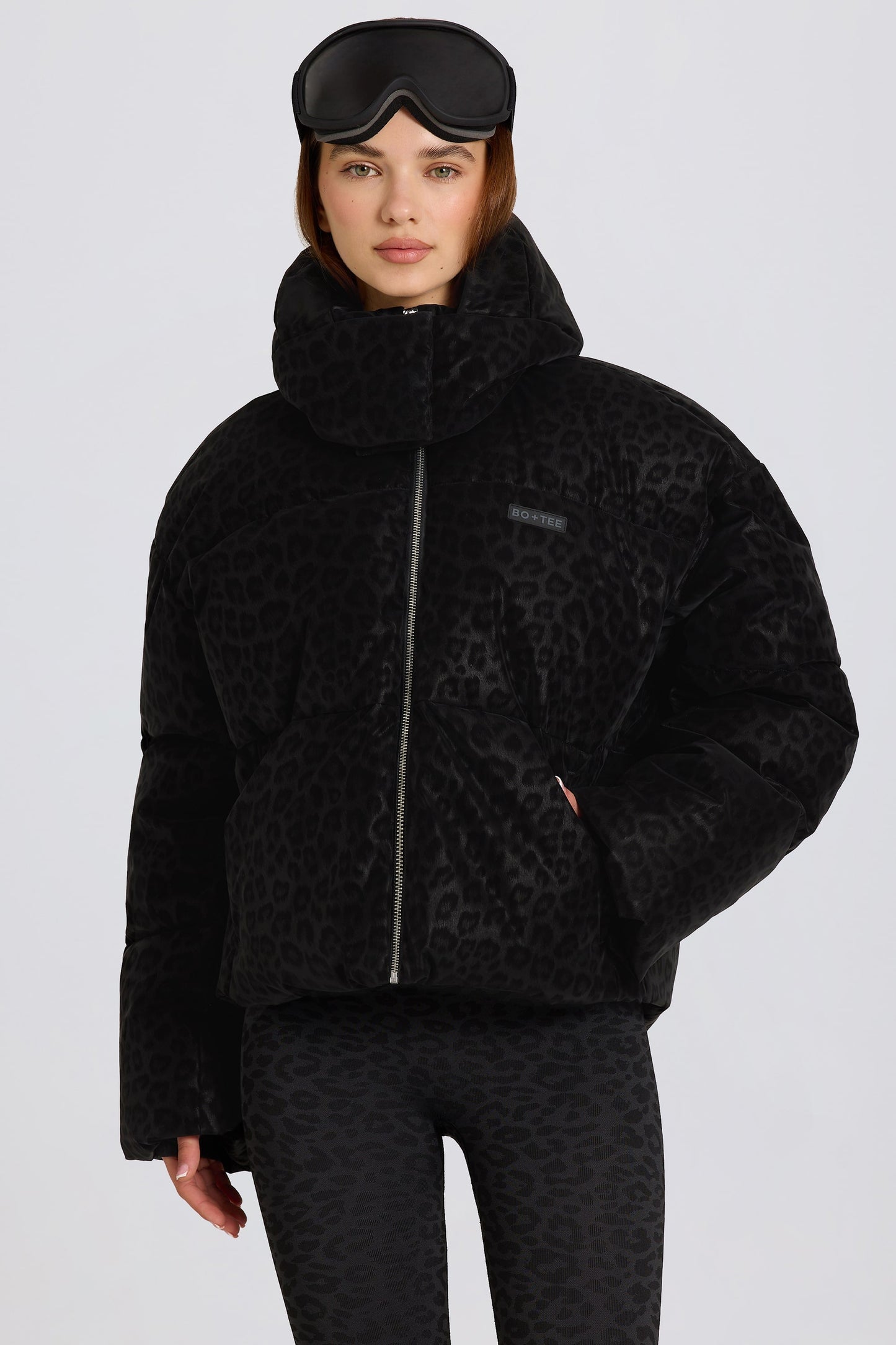 Waterproof Cropped Oversized Ski Jacket in Black Leopard