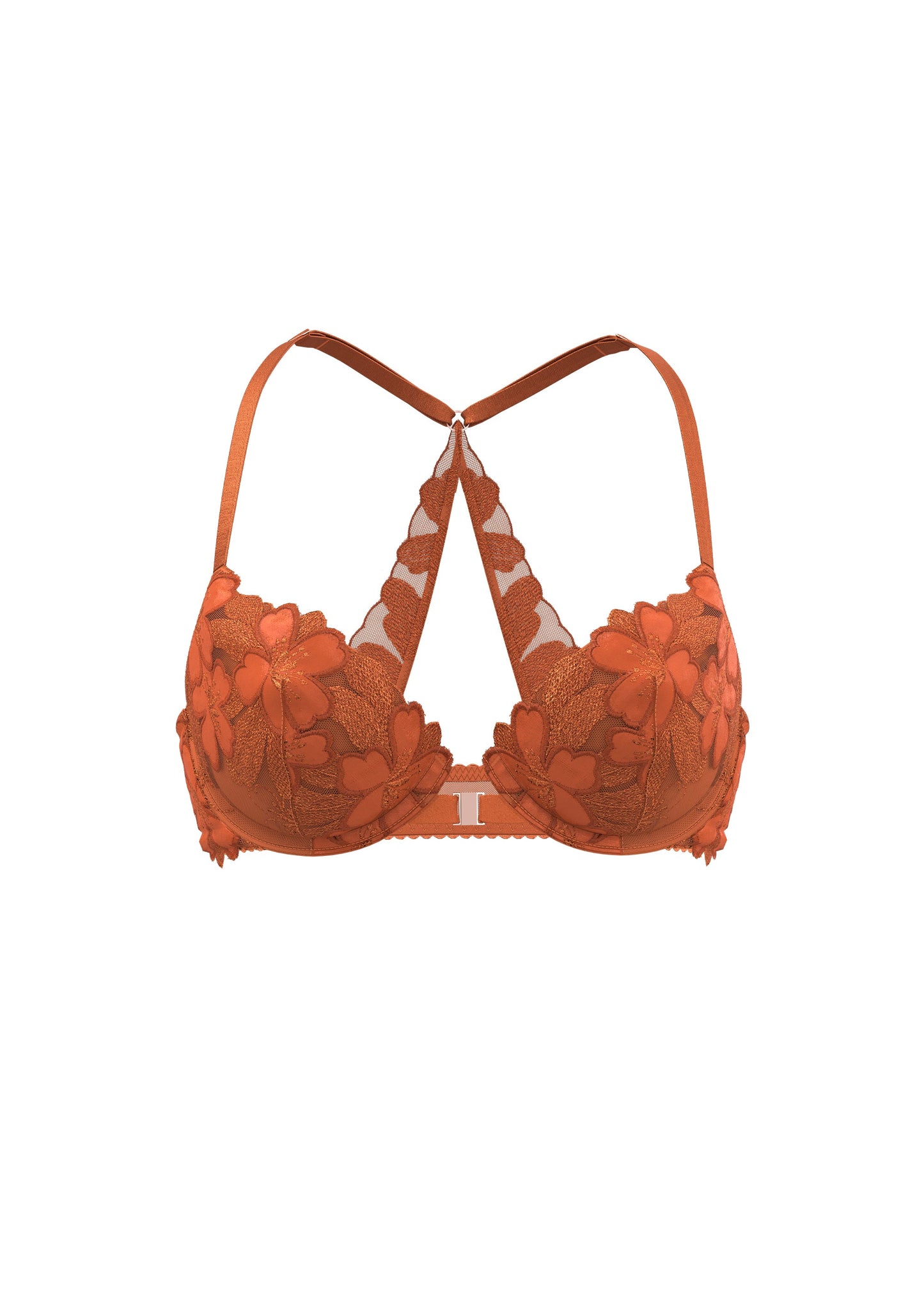 CECILY Plus Orange Floral Lace Push-Up Racerback Demi Bra