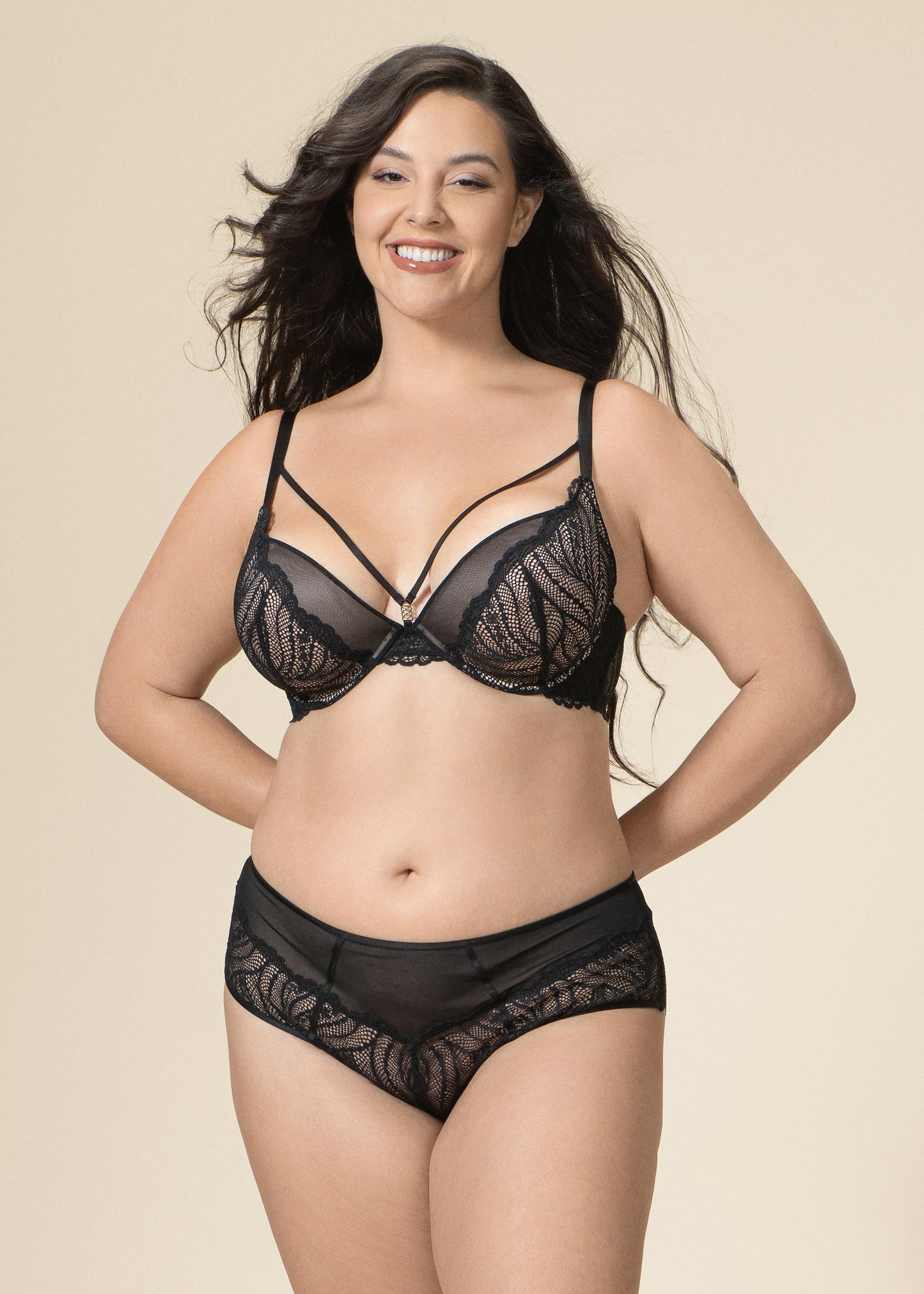 DAHLIA Plus Seductive Black Underwired Plunge Lace Demi Bra