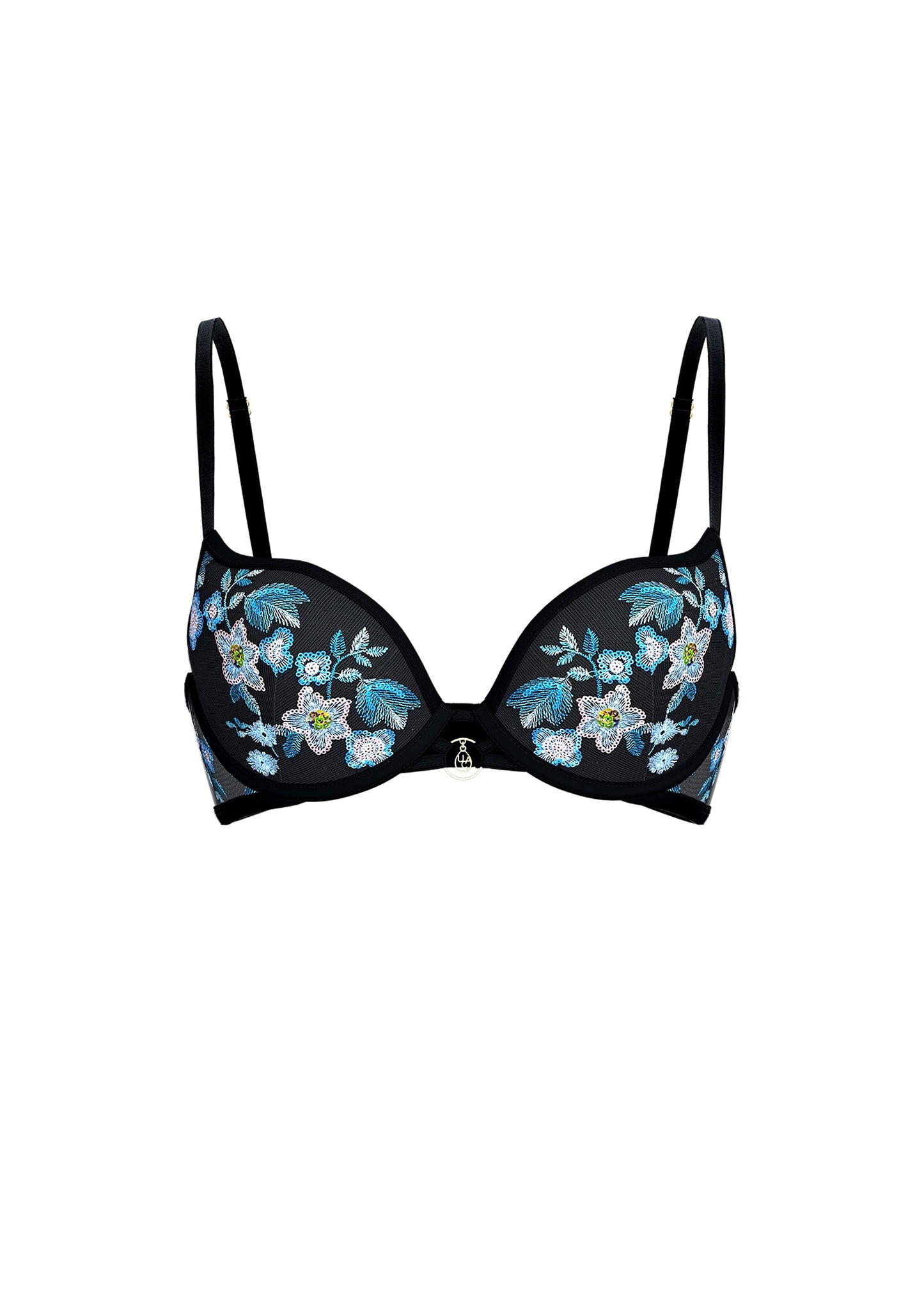ELARA Black Blue Floral Embroidery Lace Push-Up Bra