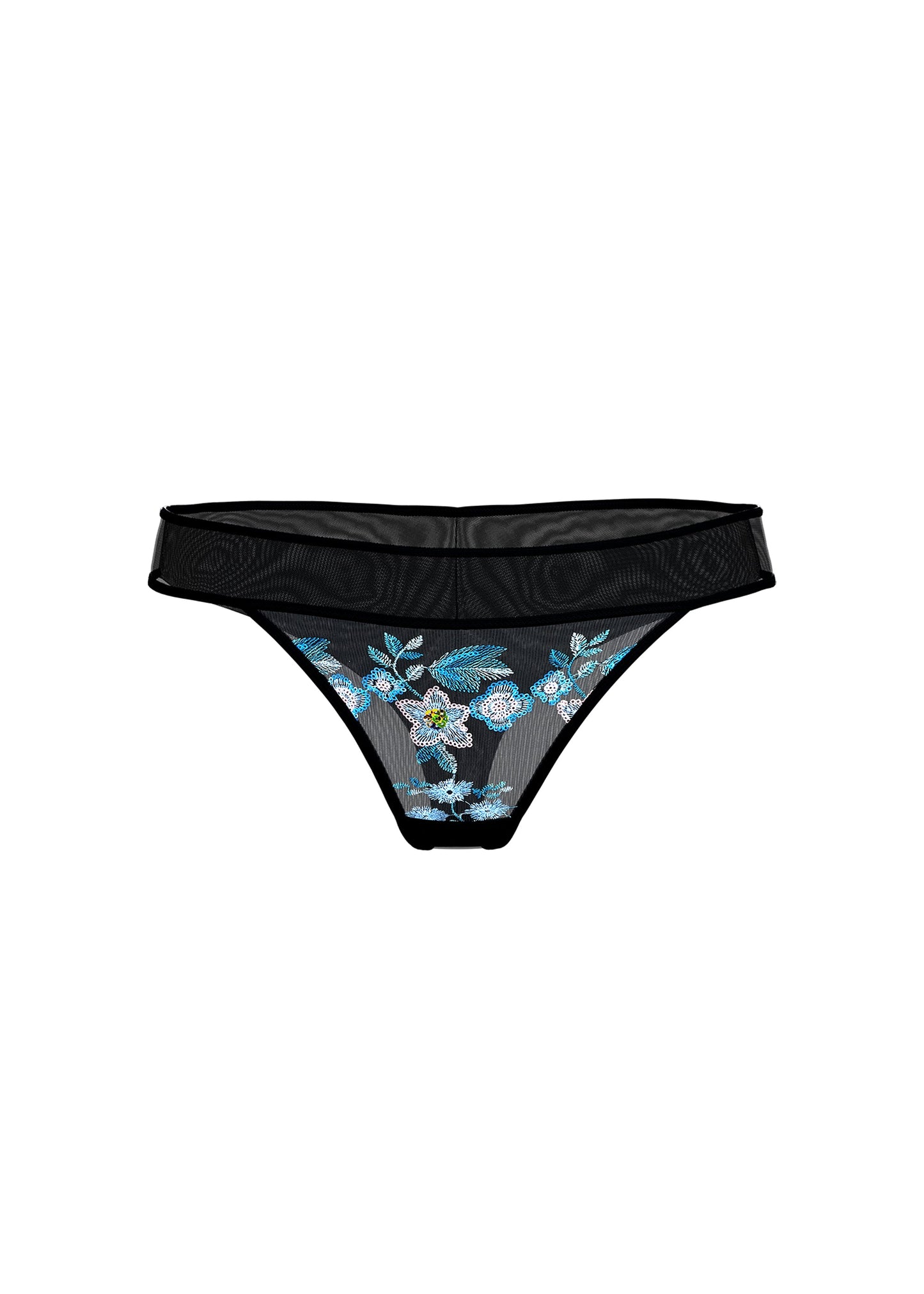 ELARA Plus Black Blue Floral Embroidery Lace Tanga Panties