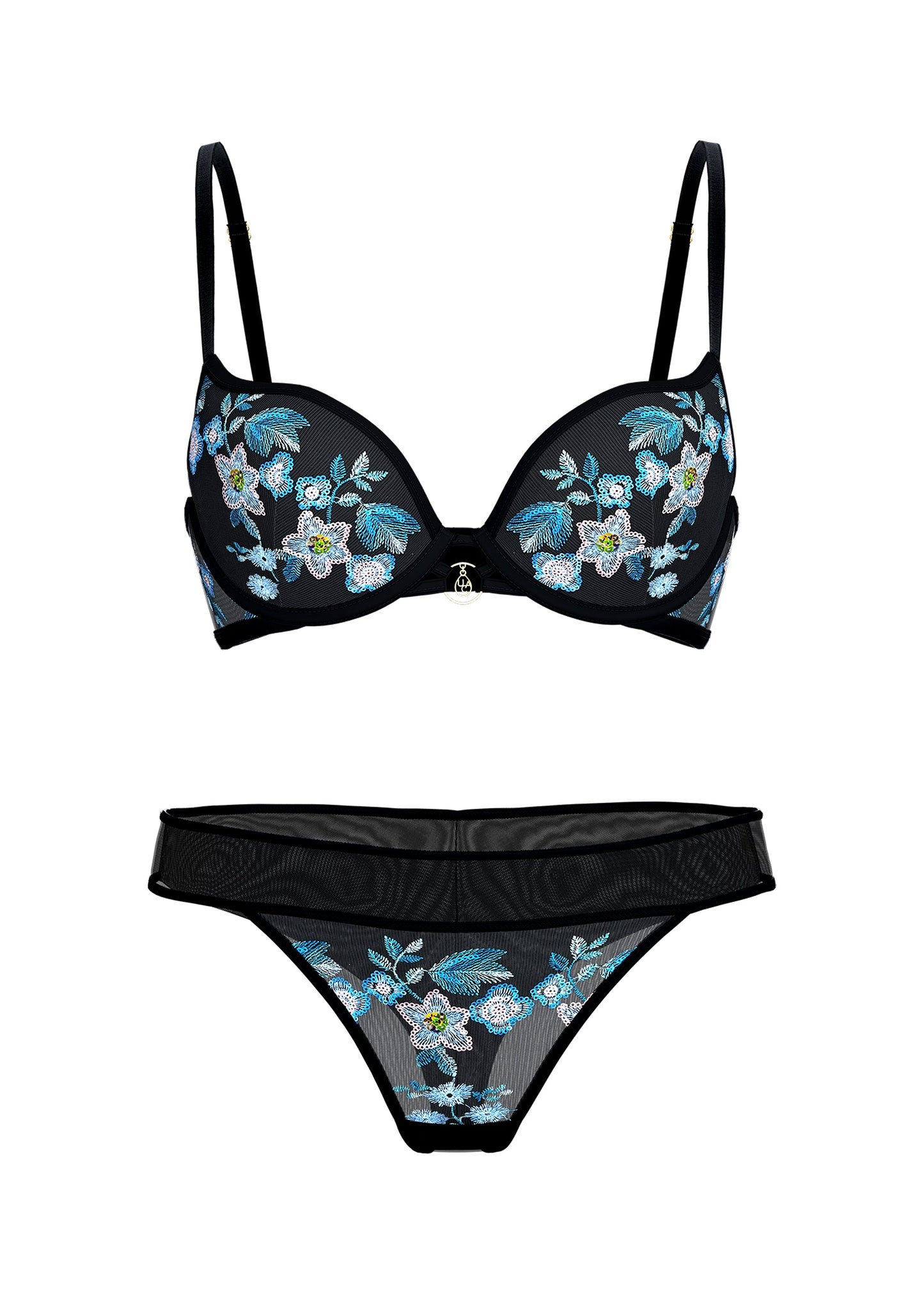 ELARA Black Blue Floral Embroidery Lace Plus Bra & Panty Set