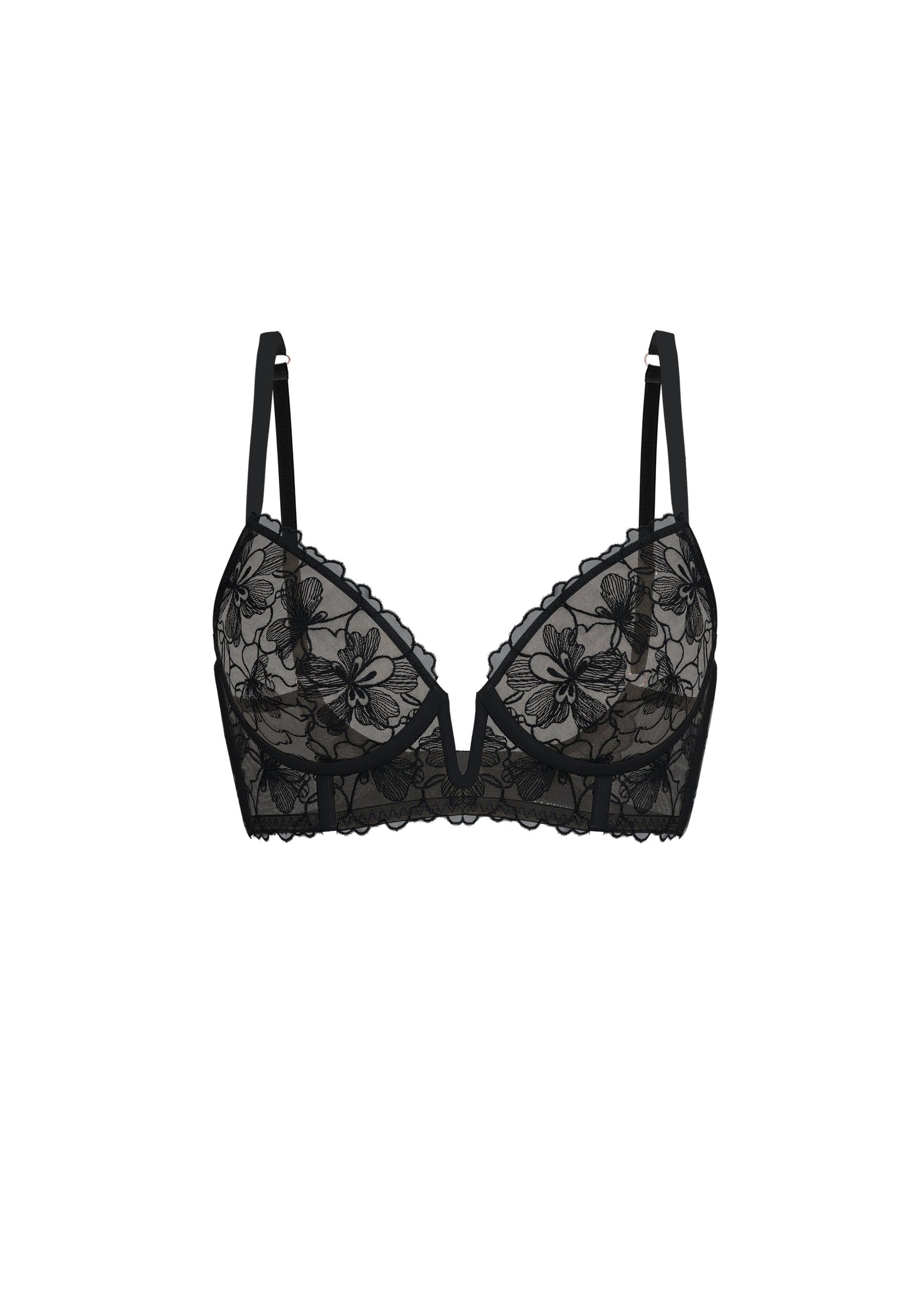FREDERICA Plus Black Floral Lace Underwired Unlined Plunge Long Bra
