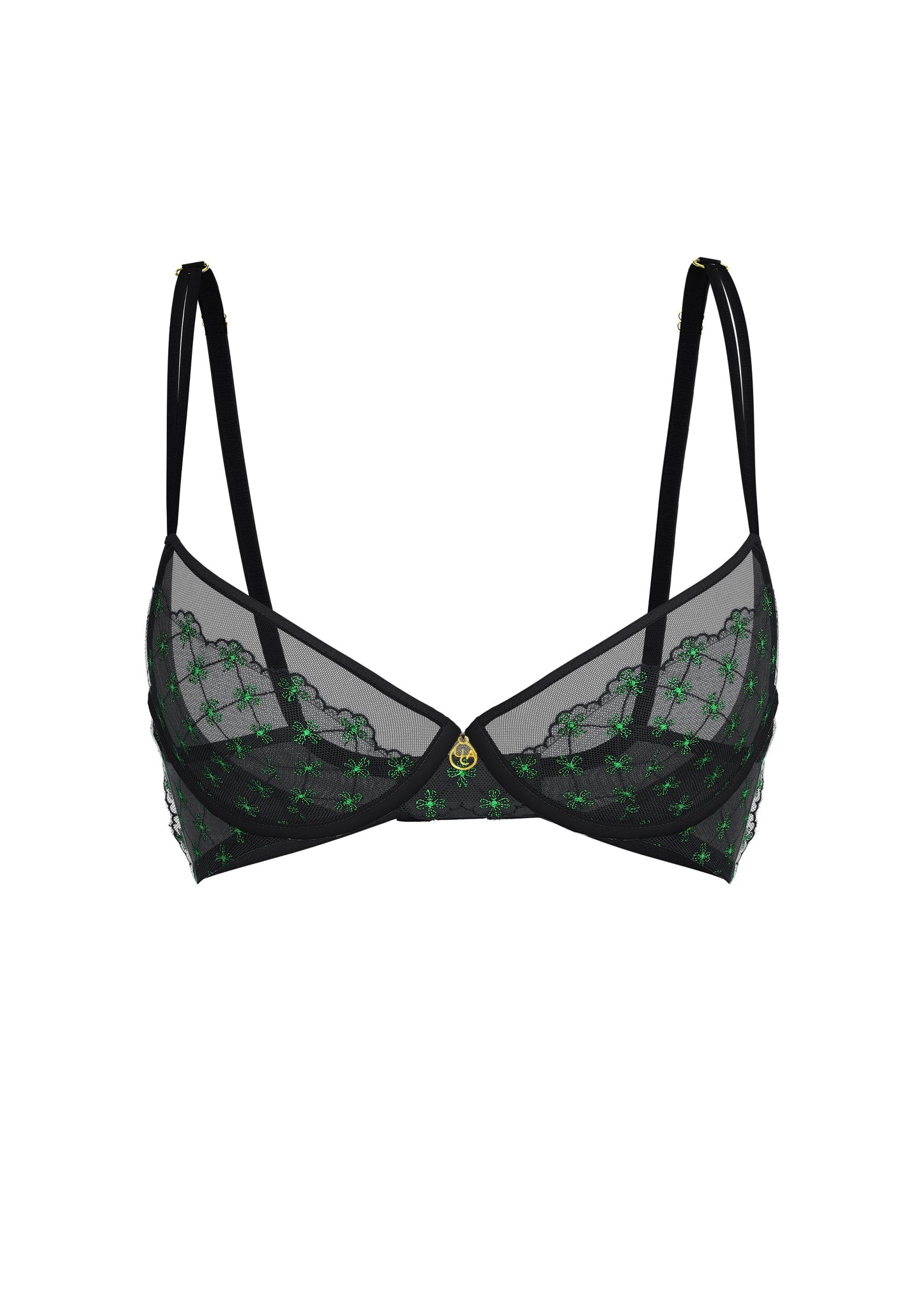 JOCELYN Sexy Black Lace Underwired Demi Bra With Green Floral Embroidery