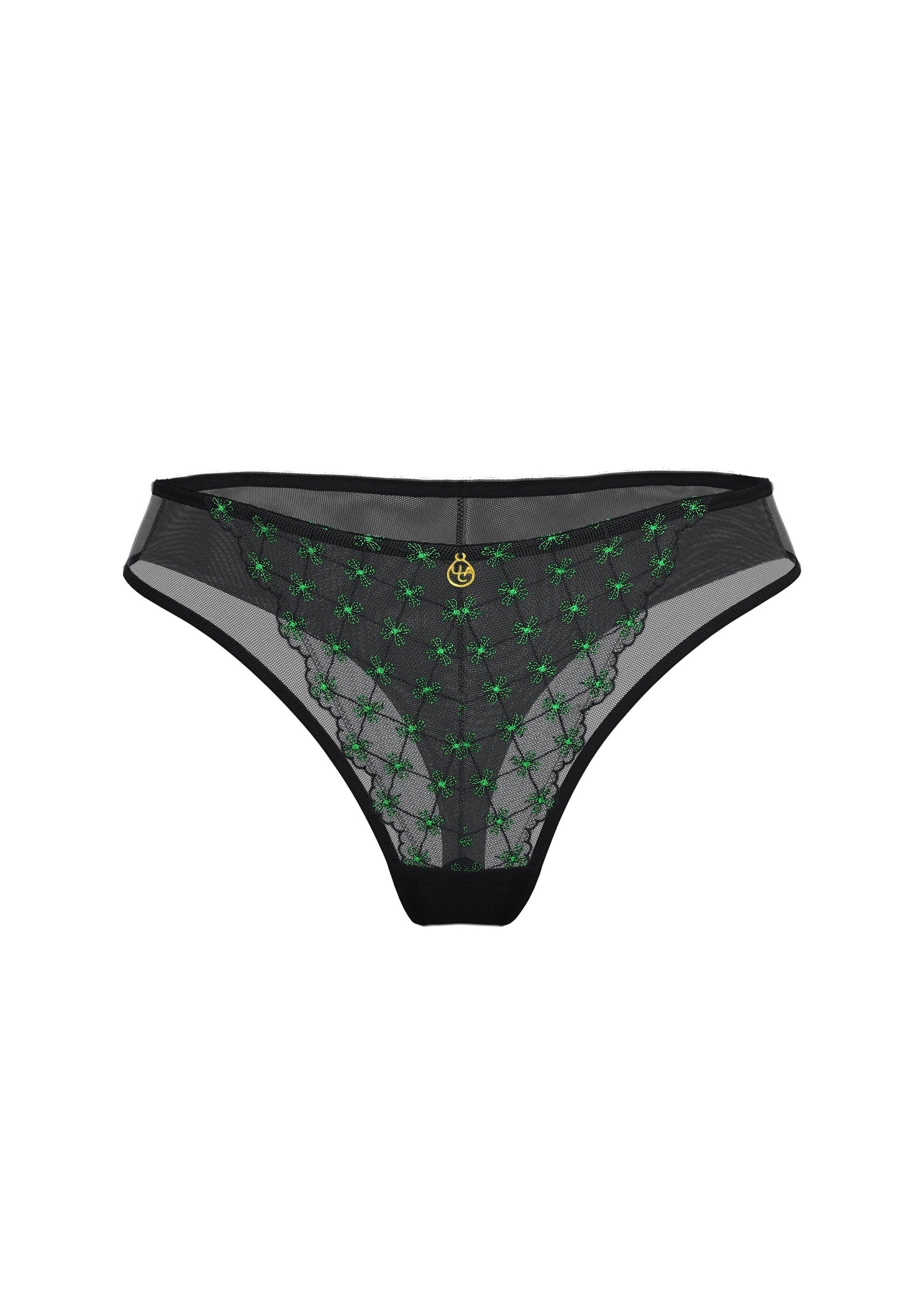 JOCELYN Sexy Black Lace Tanga Panties With Green Floral Embroidery
