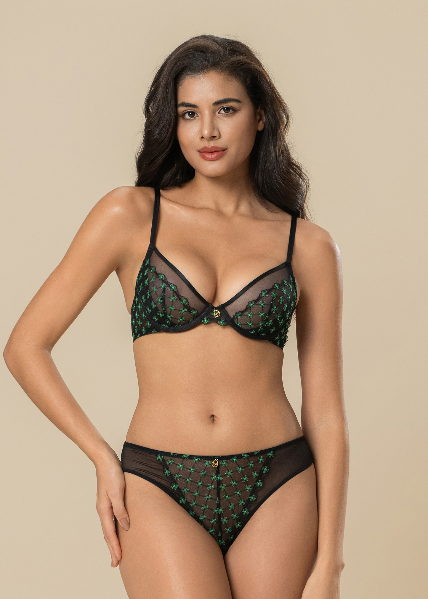 JOCELYN Black Lace Green Embroidery Lingerie Set