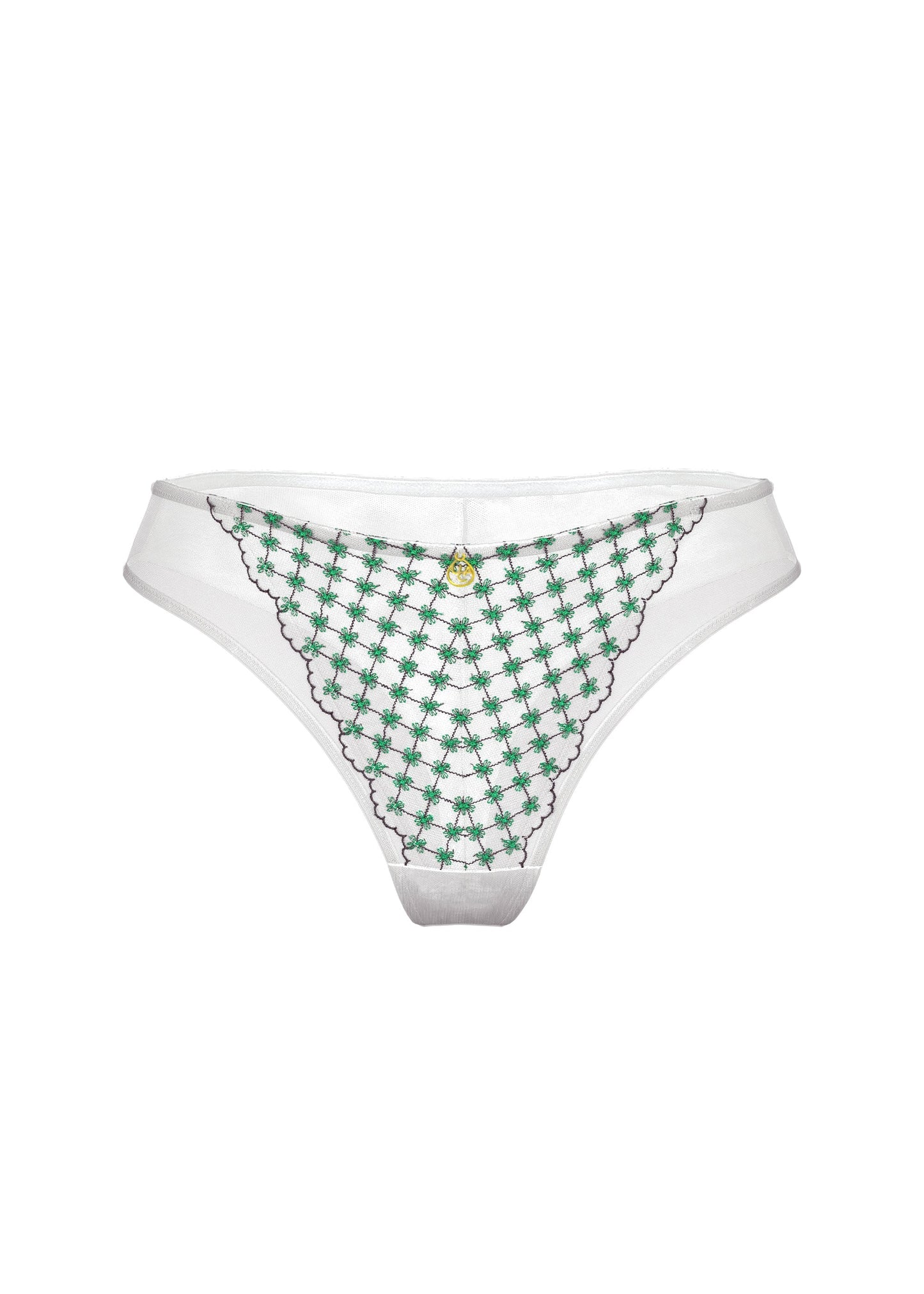 JOCELYN Delicate White Lace Tanga Panties With Green Floral Embroidery