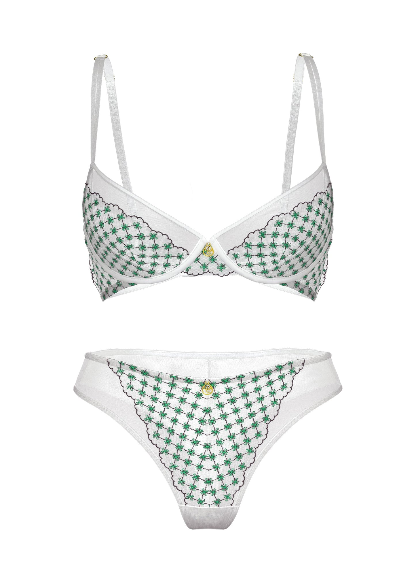 JOCELYN White Lace Green Embroidery Lingerie Set