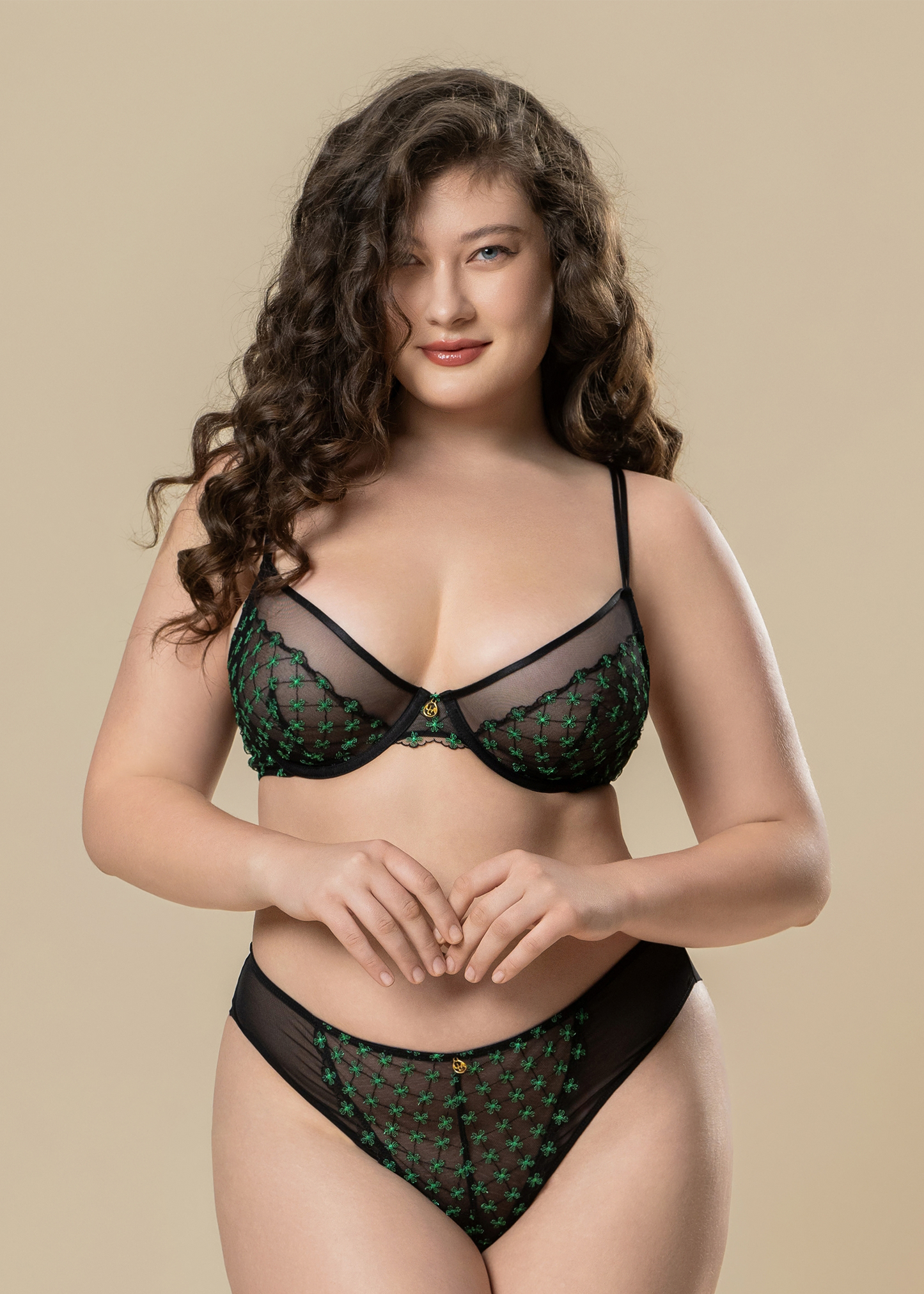 JOCELYN Plus Sexy Black Lace Underwired Demi Bra With Green Floral Embroidery