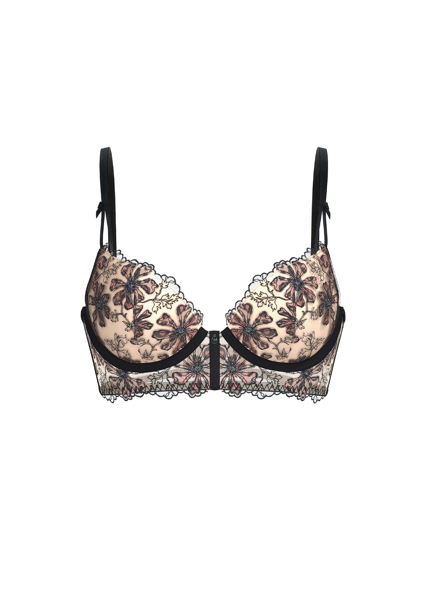 JORA Plus Beige Lace Leopard Print & Embroidery Push-Up Demi Long Bra