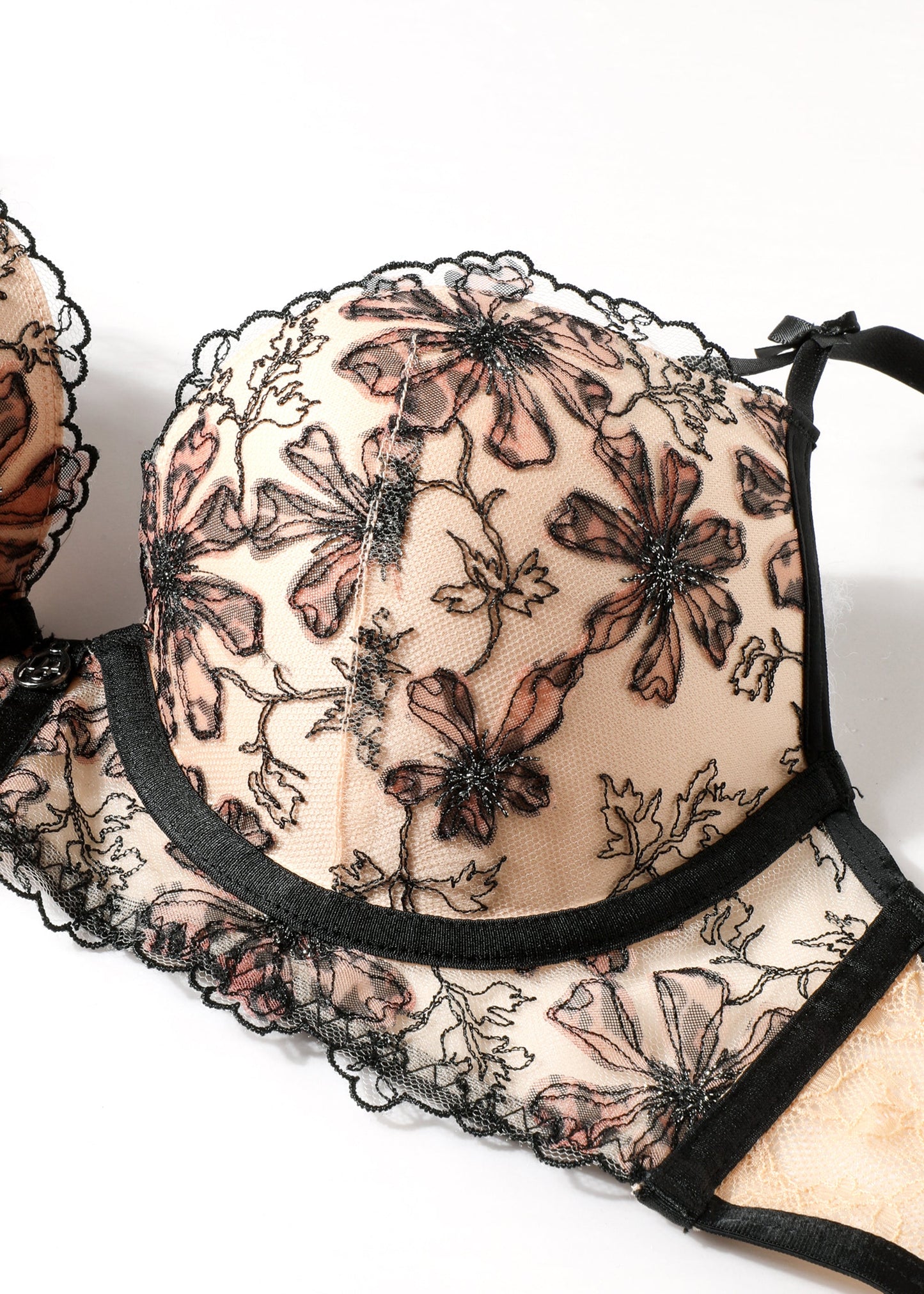 JORA Beige Lace Leopard Print & Embroidery Push-Up Demi Long Bra