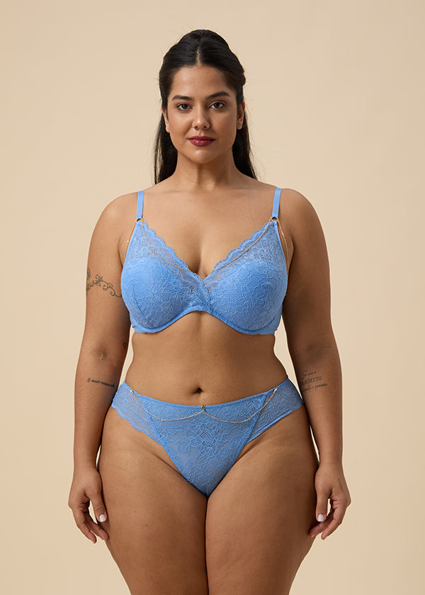 LYDIA Plus Sexy Recycled Blue Lace Hipster Panties with Detachable Metal Chains
