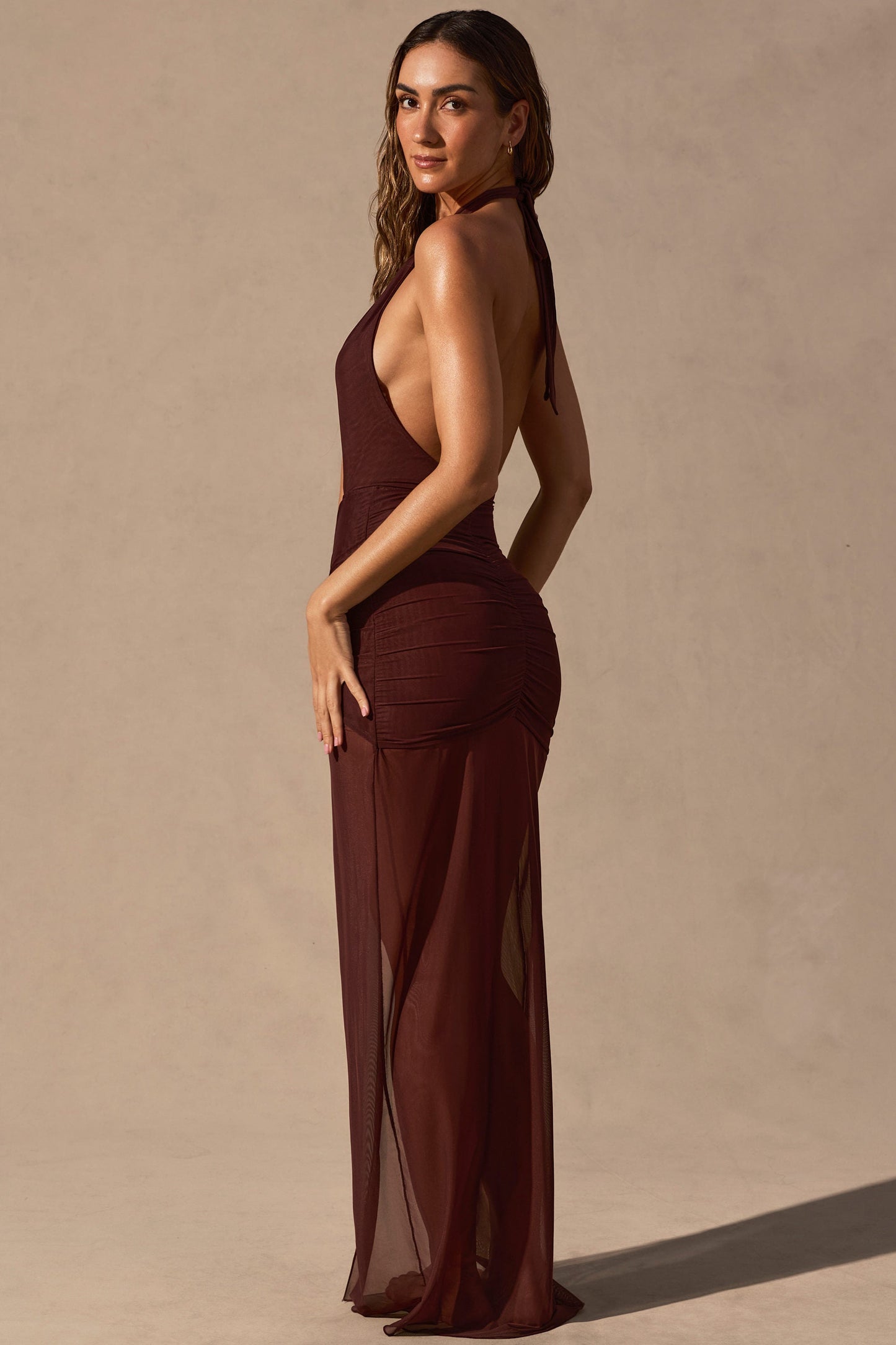 Cut-Out Halterneck Maxi Dress in Espresso Brown