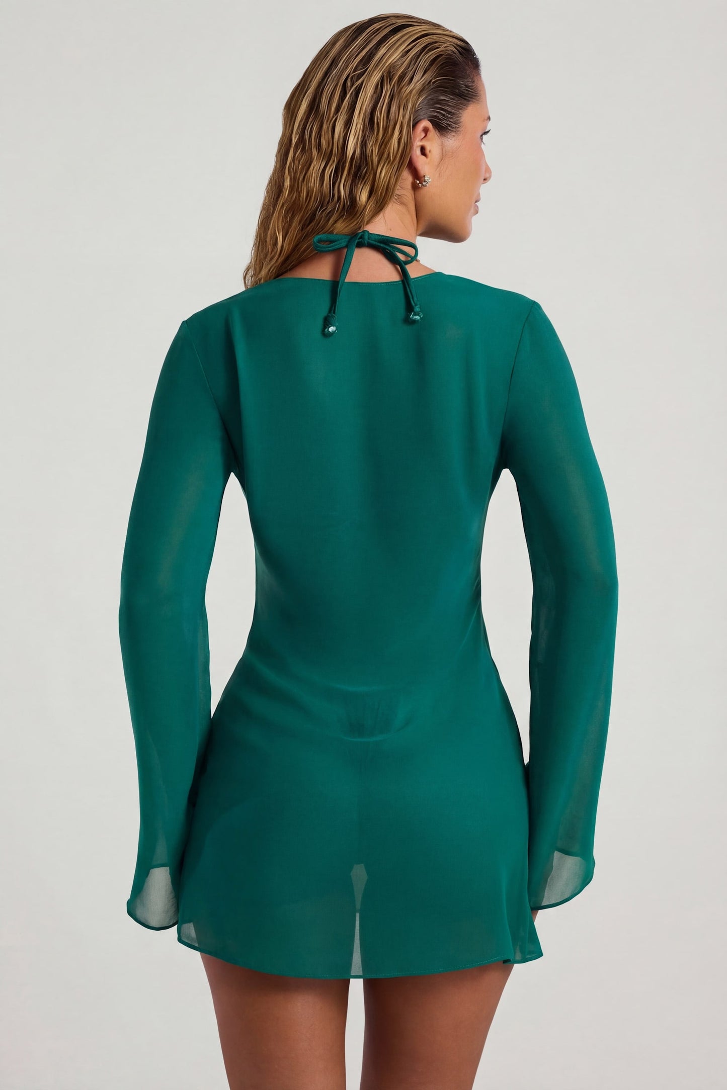 Bead-Embellished Cowl-Neck Sheer Mini Dress in Jade Green
