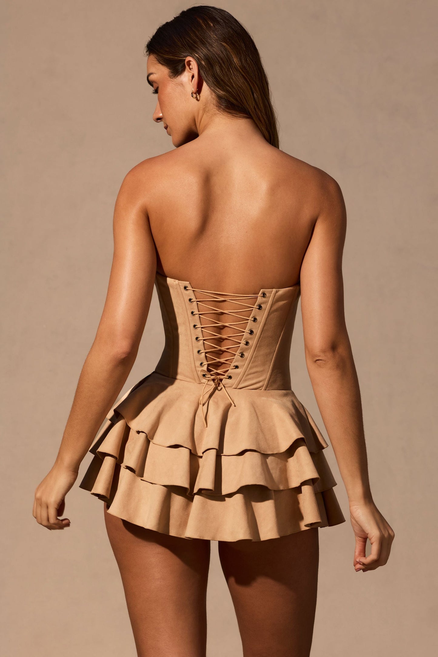 Ruffled Lace-Up Corset Playsuit in Tan