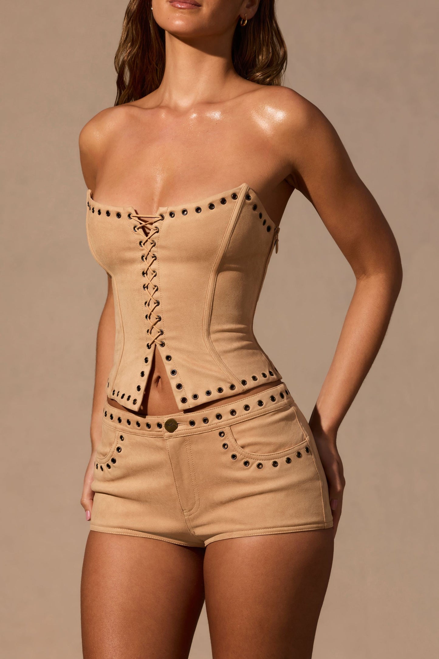 Low-Rise Mini Shorts in Tan