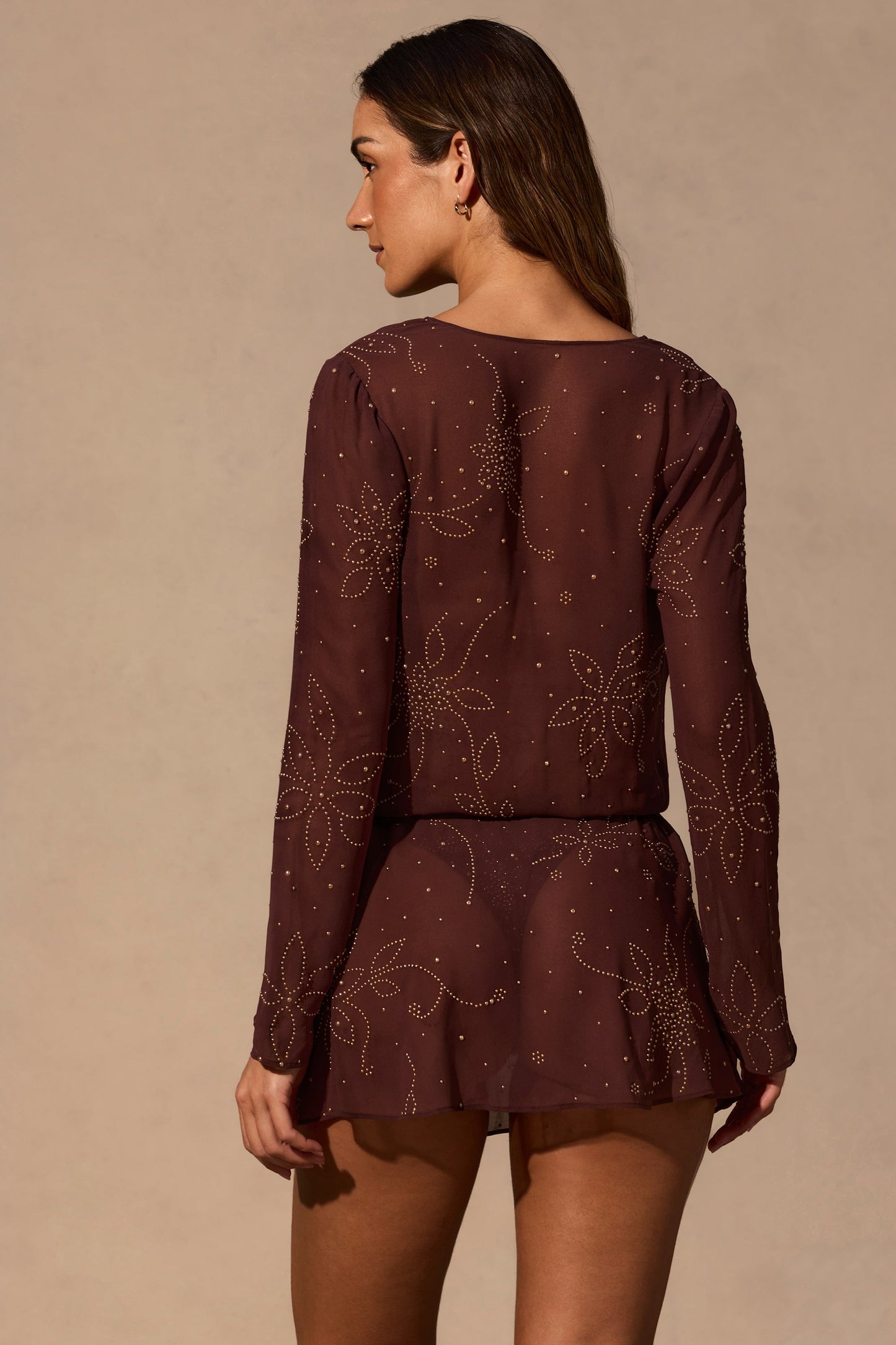 Long-Sleeve Mini Dress in Espresso Brown
