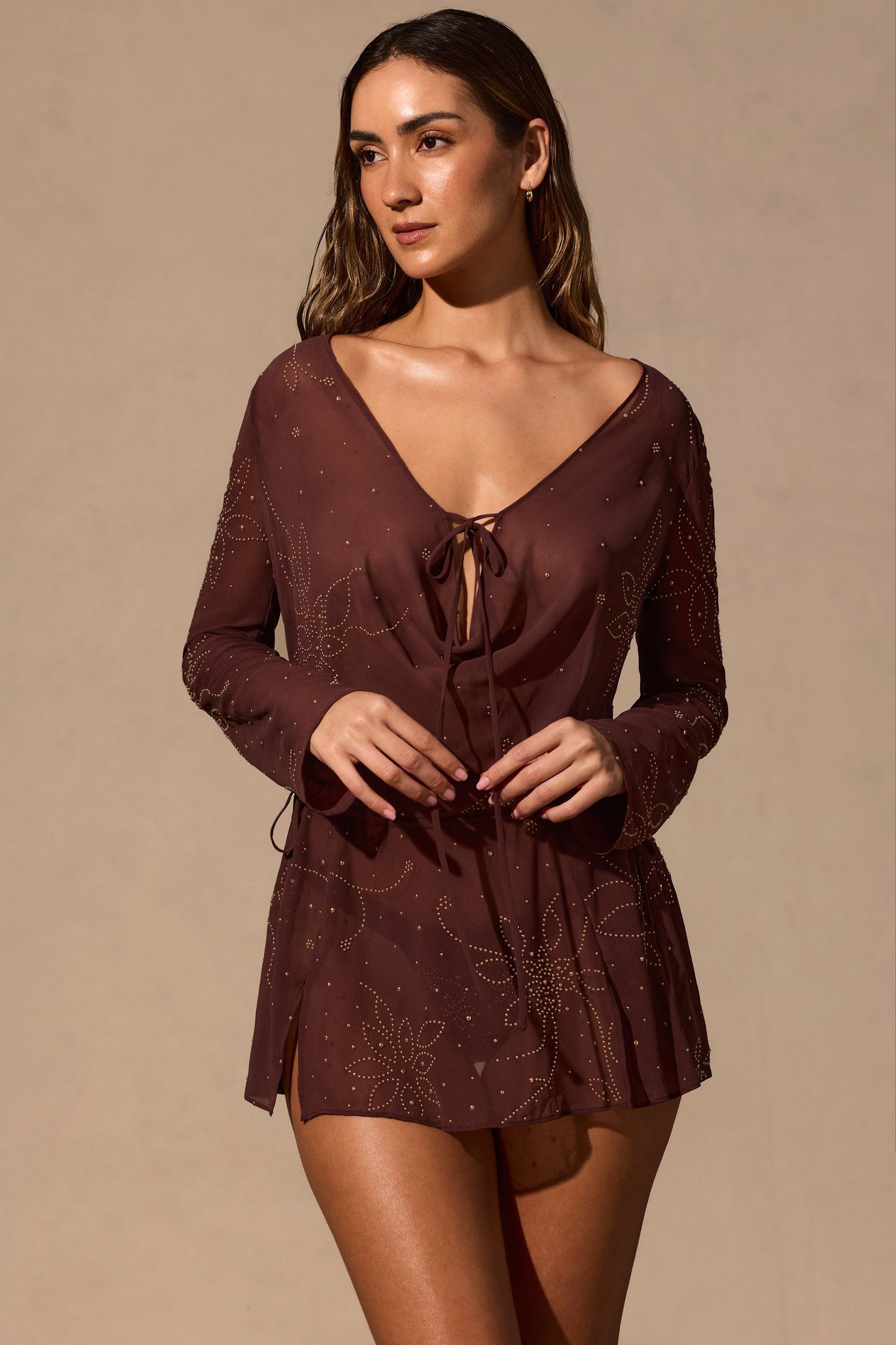 Long-Sleeve Mini Dress in Espresso Brown