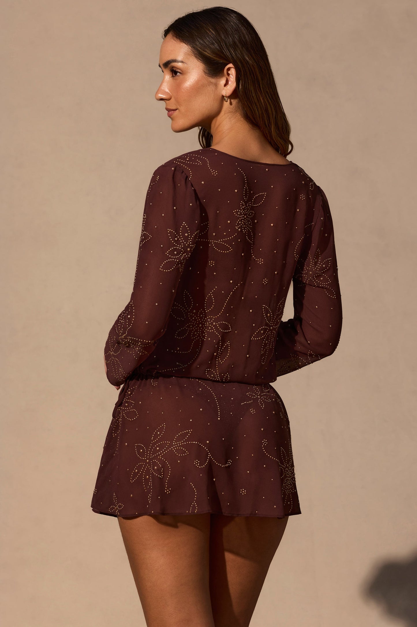 Long-Sleeve Mini Dress in Espresso Brown