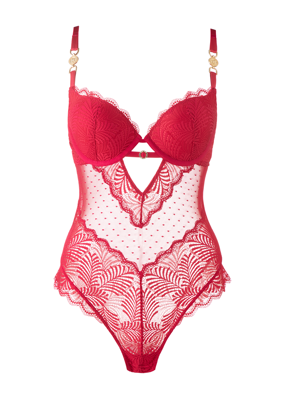 OLIVIA Sexy Push-Up Mesh Berry Red Lace Bodysuit