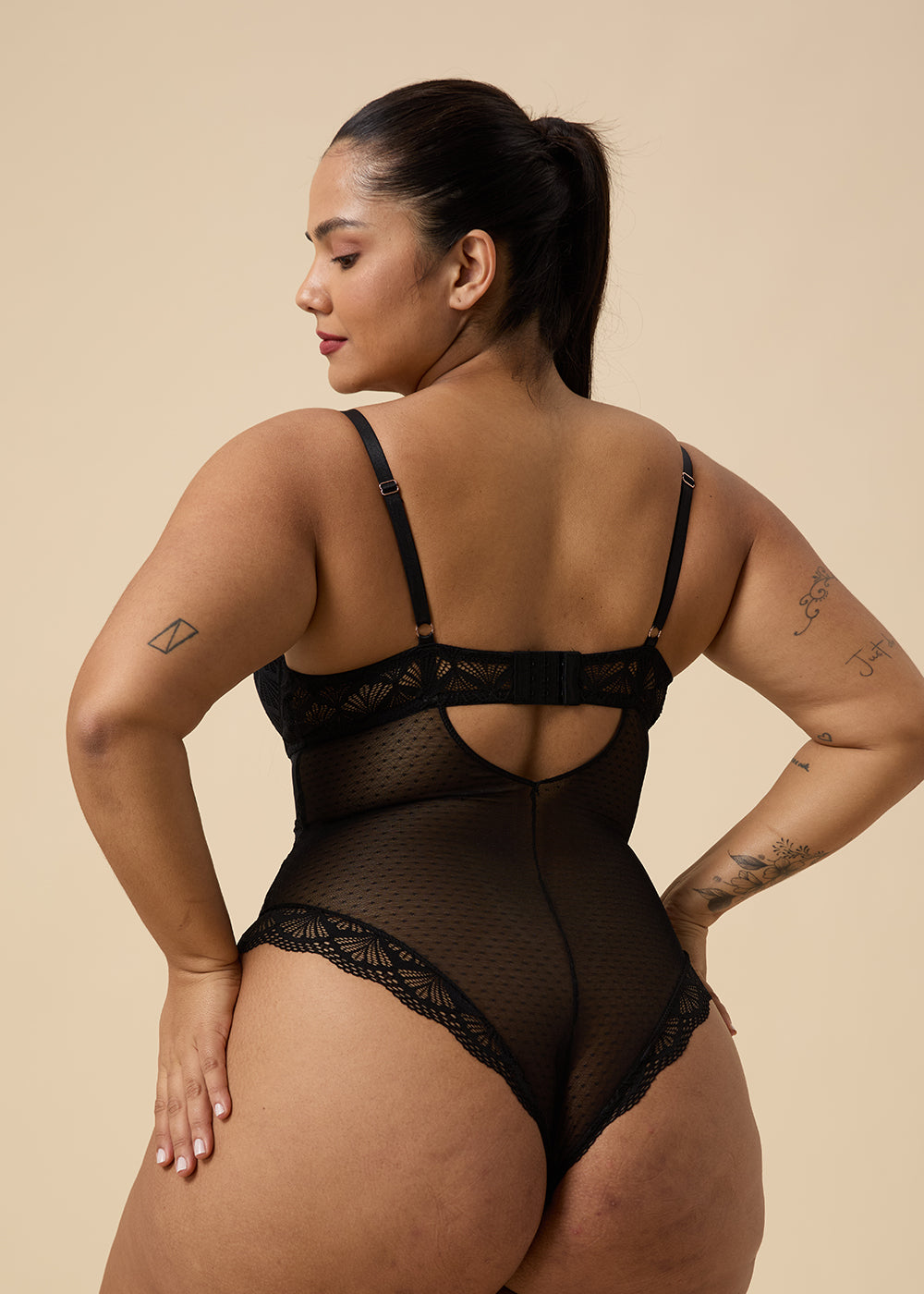 OLIVIA Plus Sexy Push-Up Mesh Black Lace Bodysuit