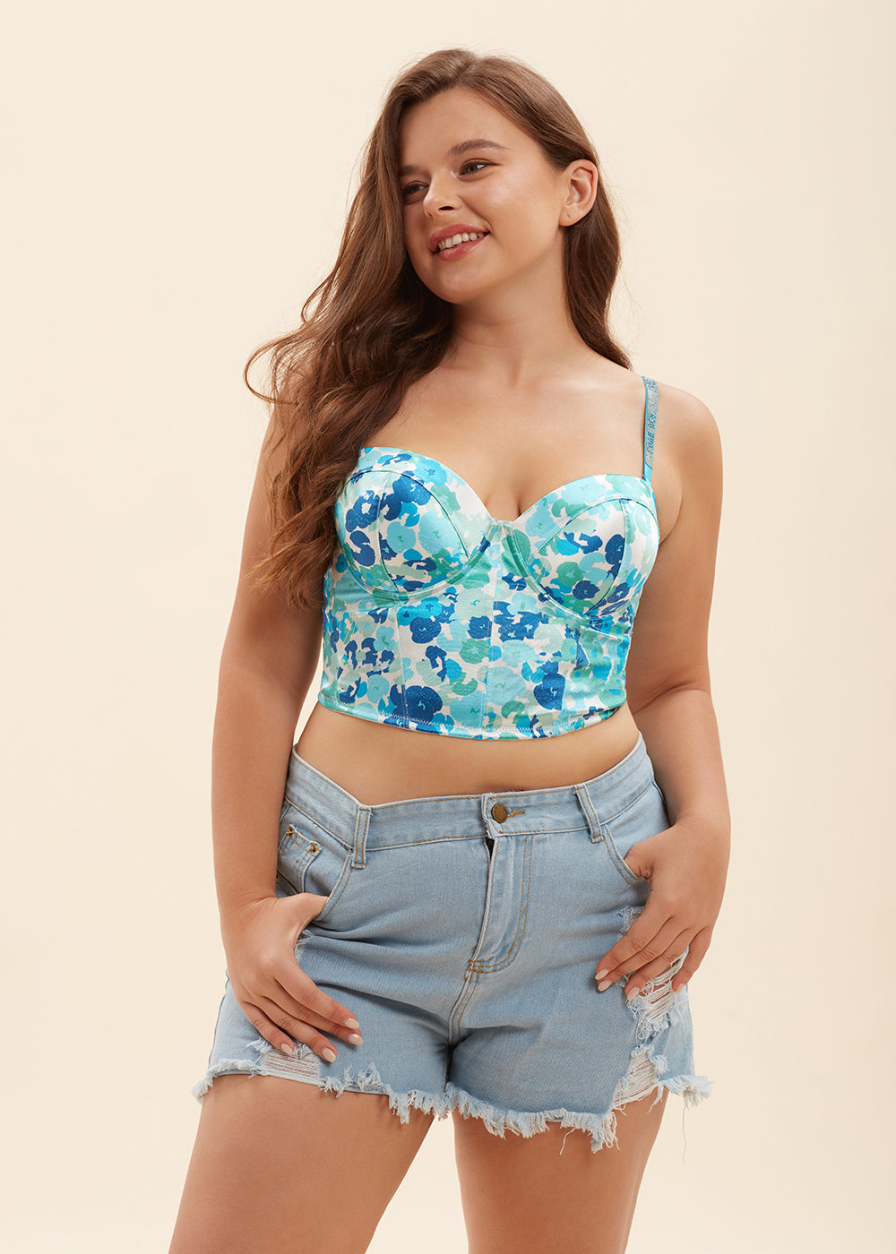 PANDORA Plus Sexy Printed Blue Balconette Corset Long Demi Bra