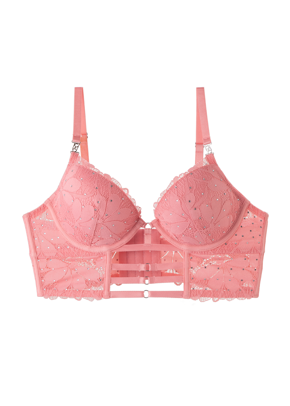 RIHANNA Plus Pink Floral Lace Push-Up Corset Long Demi Bra with Rhinestones