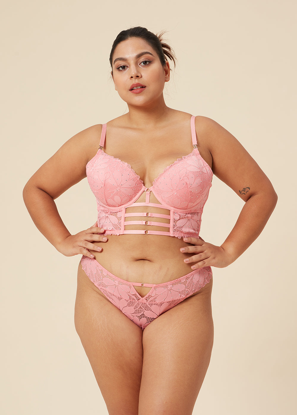 RIHANNA Plus Pink Floral Lace Push-Up Corset Long Demi Bra with Rhinestones