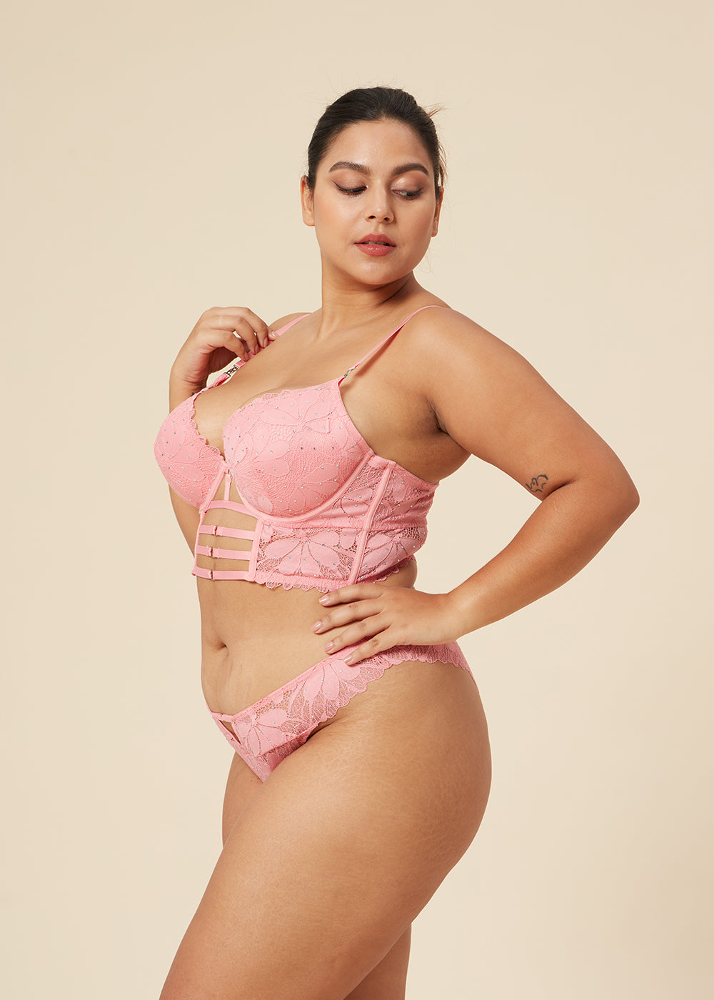 RIHANNA Plus Pink Floral Lace Push-Up Corset Long Demi Bra with Rhinestones