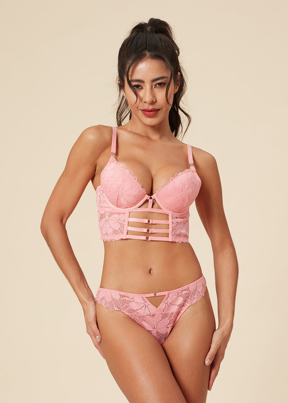 RIHANNA Pink Floral Lace Push-Up Corset Long Demi Bra with Rhinestones
