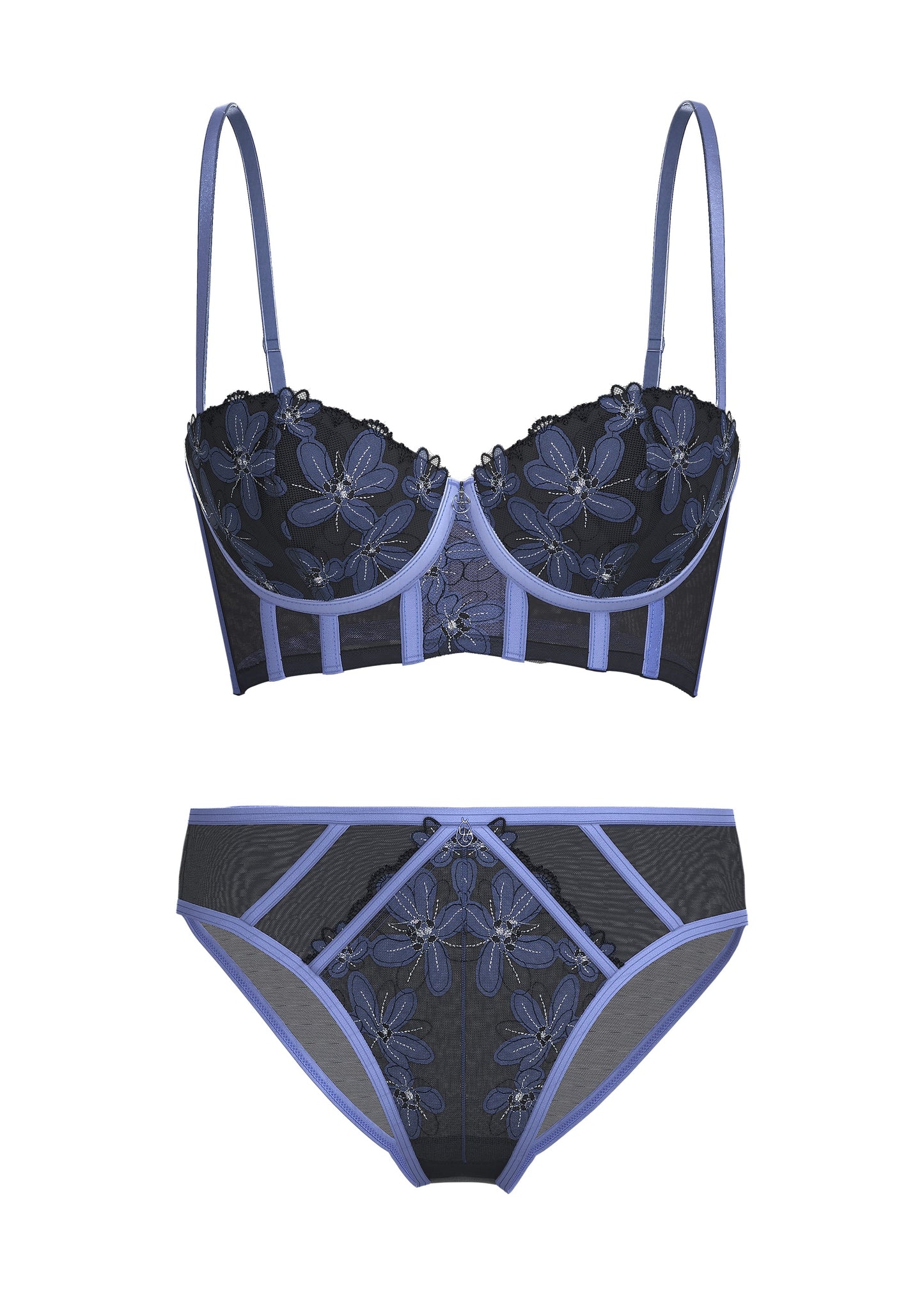 RILEY Navy Blue Floral Embroidery Lace Bra & Plus Panty Set