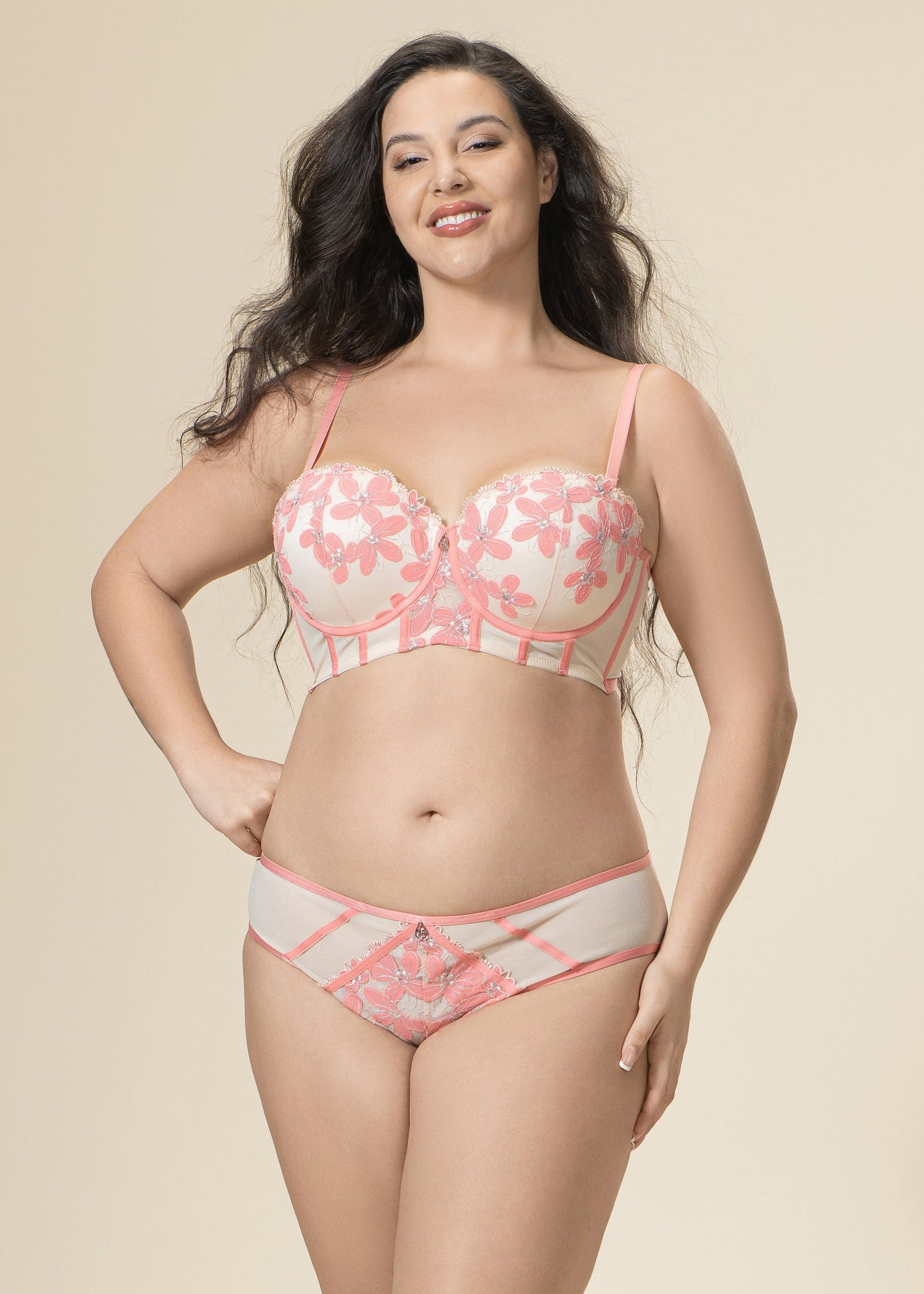 RILEY Pink Floral Embroidery Lace Plus Bra & Panty Set