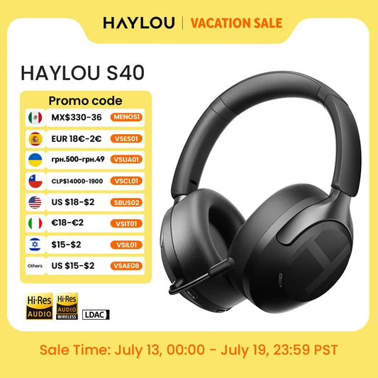 HAYLOU S40 ANC Wireless Headphone 50dB Noise Canceling Hi-Res 3D Spatial Audio Earphone with LDAC Bluetooth 6.0 Over Ear Headset