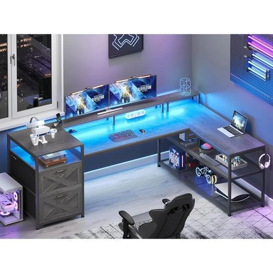 FEICHENG 67" L-Shaped Desk with LED