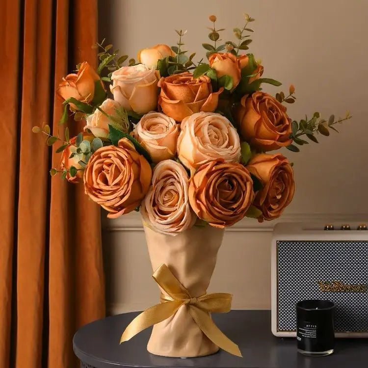 Green Aloes Silk Caramel Rose Bouquet