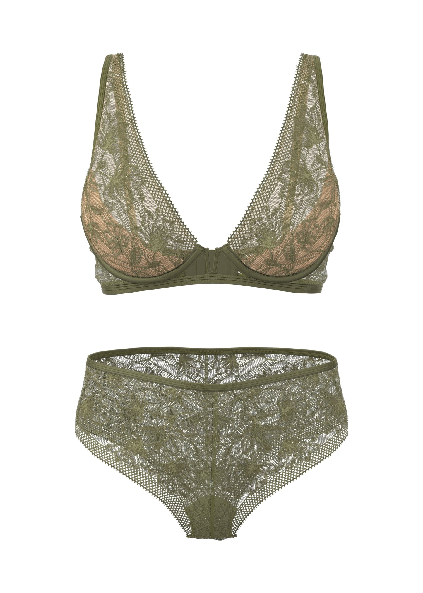SERAPHINA Olive Green Lace Sparkling Plus Bra & Panty Set